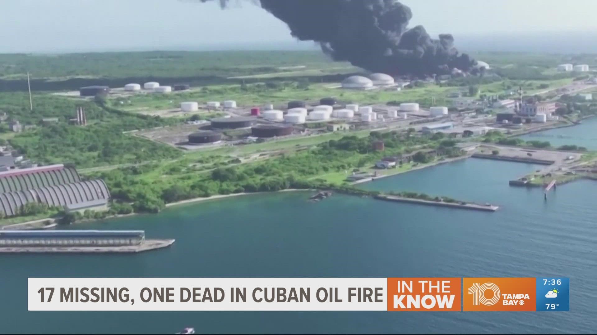 The blaze started after lightning struck an oil tank on Friday evening. A video released by the Cuban government shows the moment when a fuel storage tank erupted.