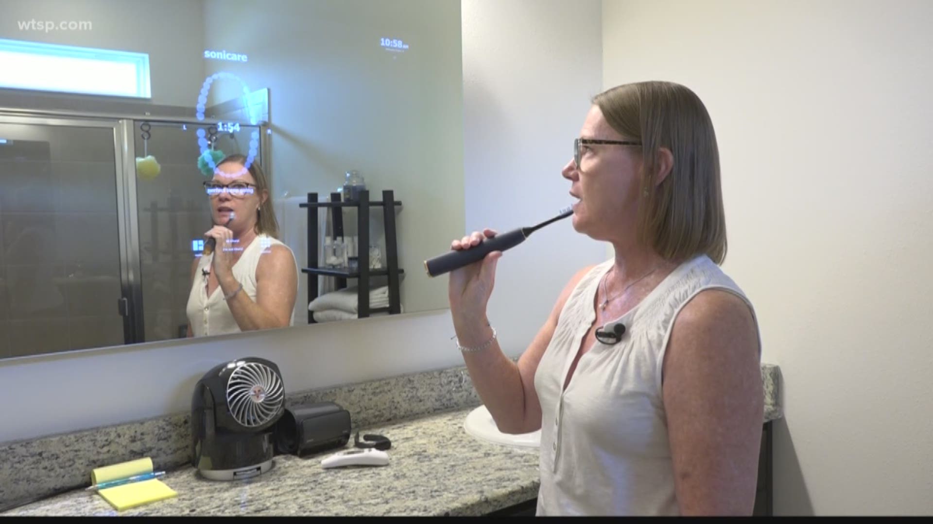 The 'smart mirror' guides teeth brushing, telling her how long to brush each quadrant of teeth, and if she missed a spot. https://bit.ly/2OPULnH