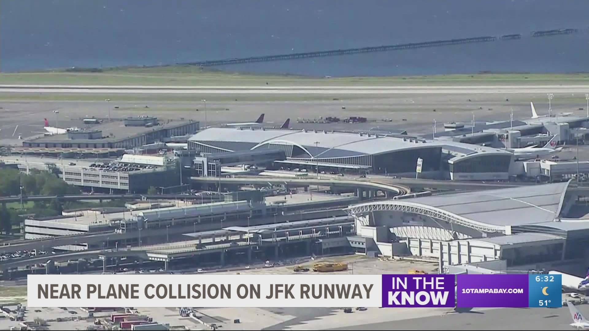 Officials are investigating a close call at a New York airport Friday night between a plane that was crossing a runway as another was preparing for takeoff.