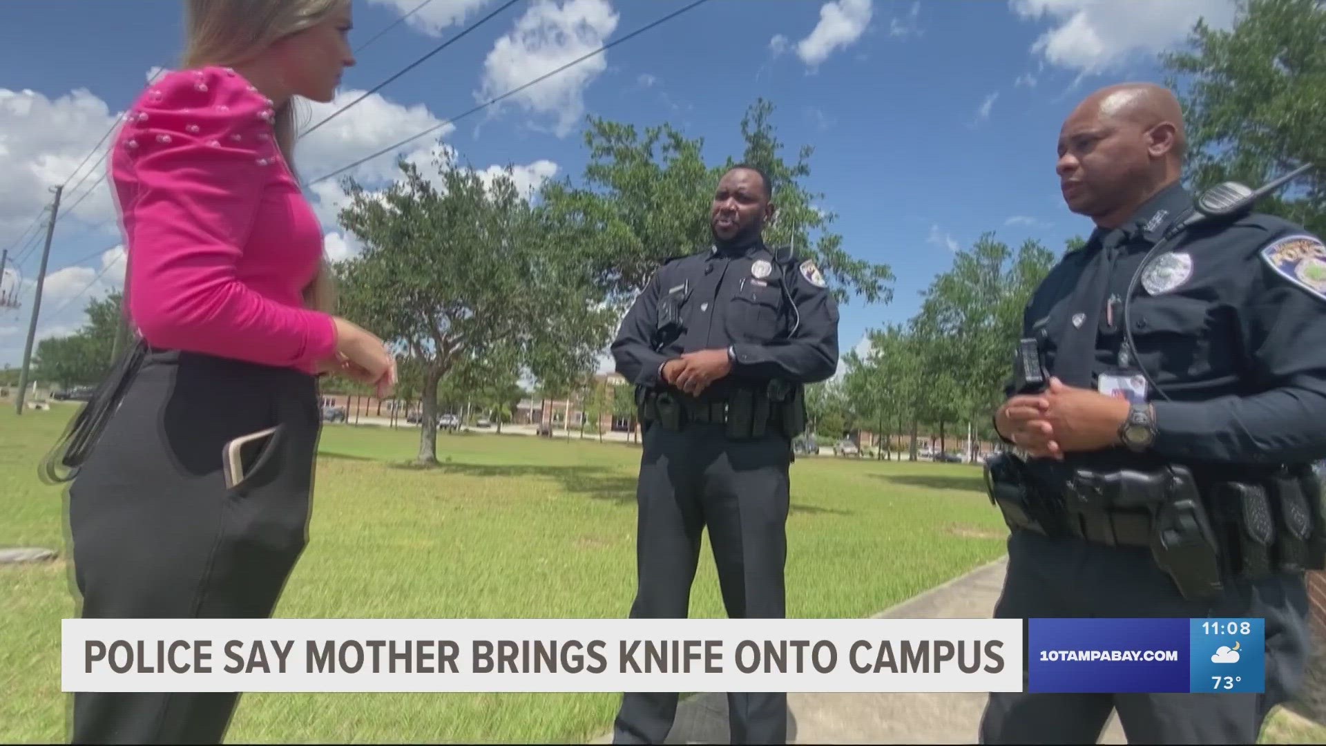 Around 6:33 a.m., school administrators saw the woman attempting to enter a locked door to a campus building with a knife, the city says.