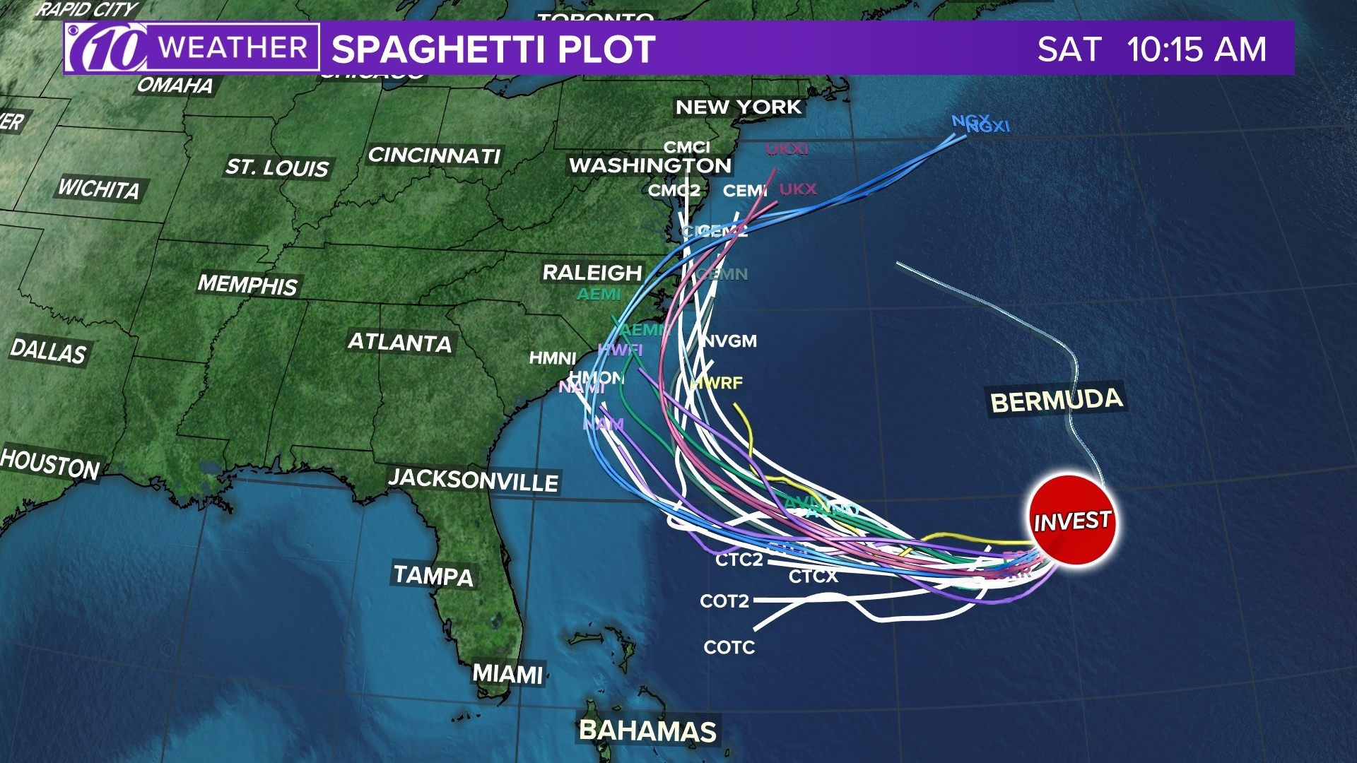 Track Invest 98L Spaghetti models, forecast cone and satellite