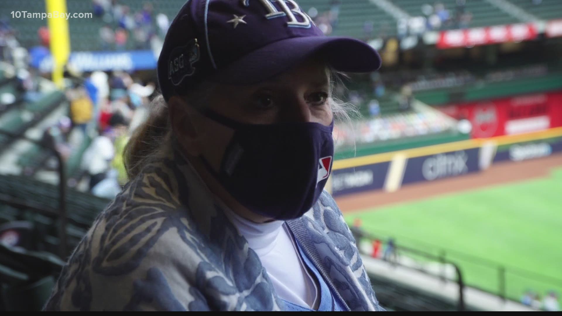The Rays starter's mother celebrates from a distance due to MLB COVID-19 regulations.