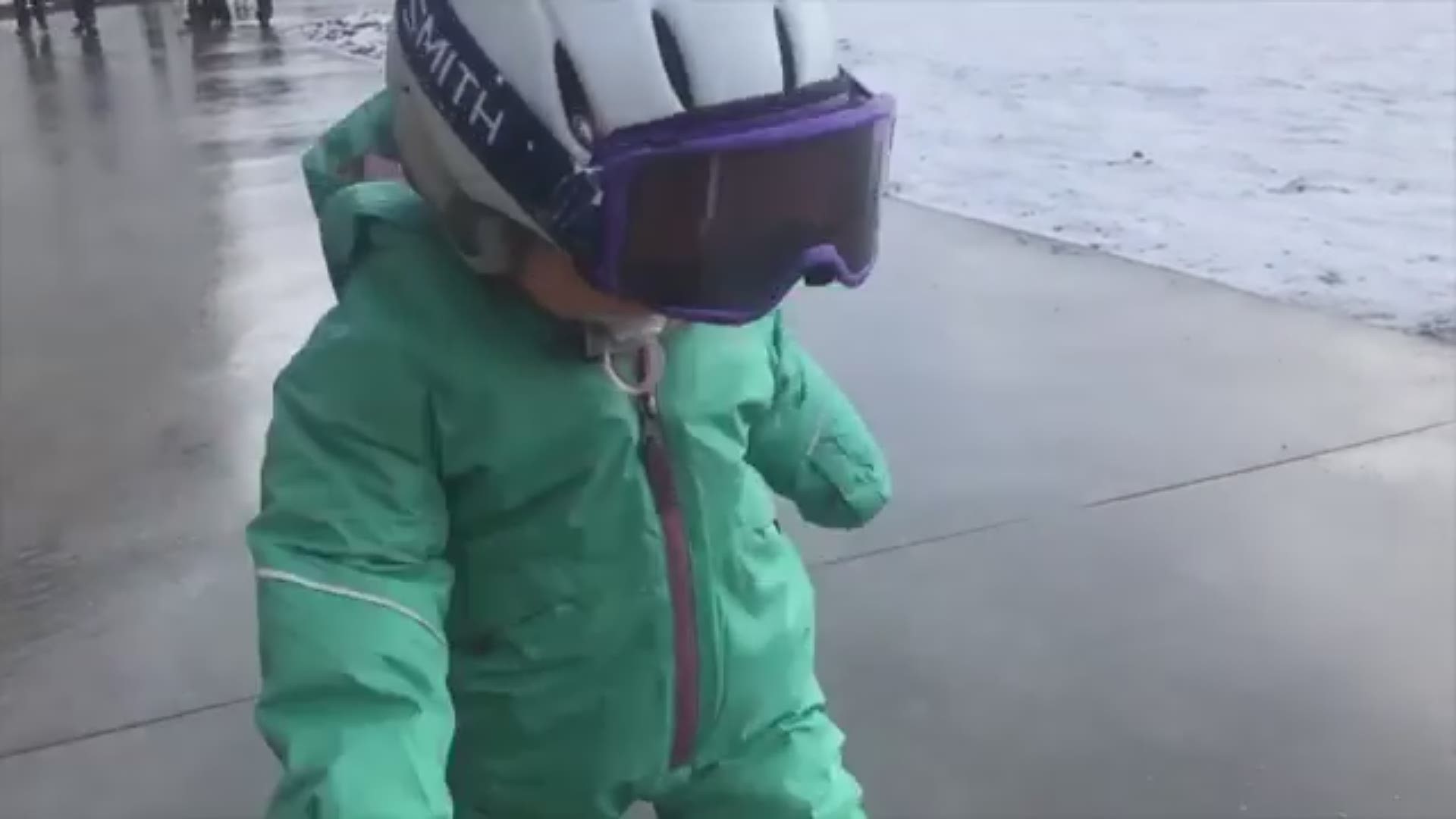 1-year-old Maeve is already an expert snowboarder.