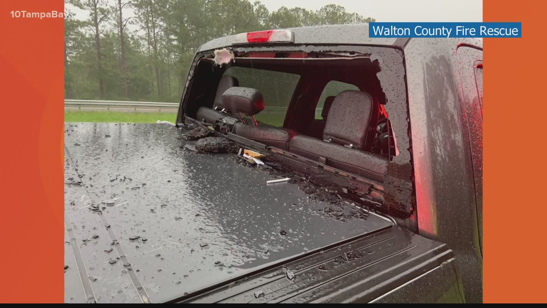 Walton County Fire Rescue crews discovered lightning had struck the interstate, causing a chunk of the roadway to fly right through the windshield of a pickup truck.