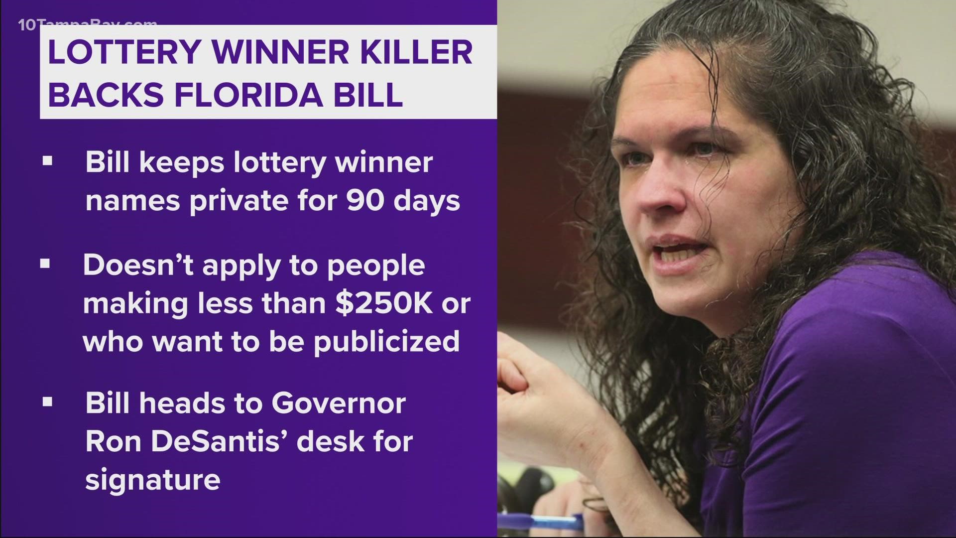 Dorice 'Dee Dee' Moore is serving life in prison for killing a man in 2009 after he won $30 million. The bill would keep winners' names a secret for 90 days.