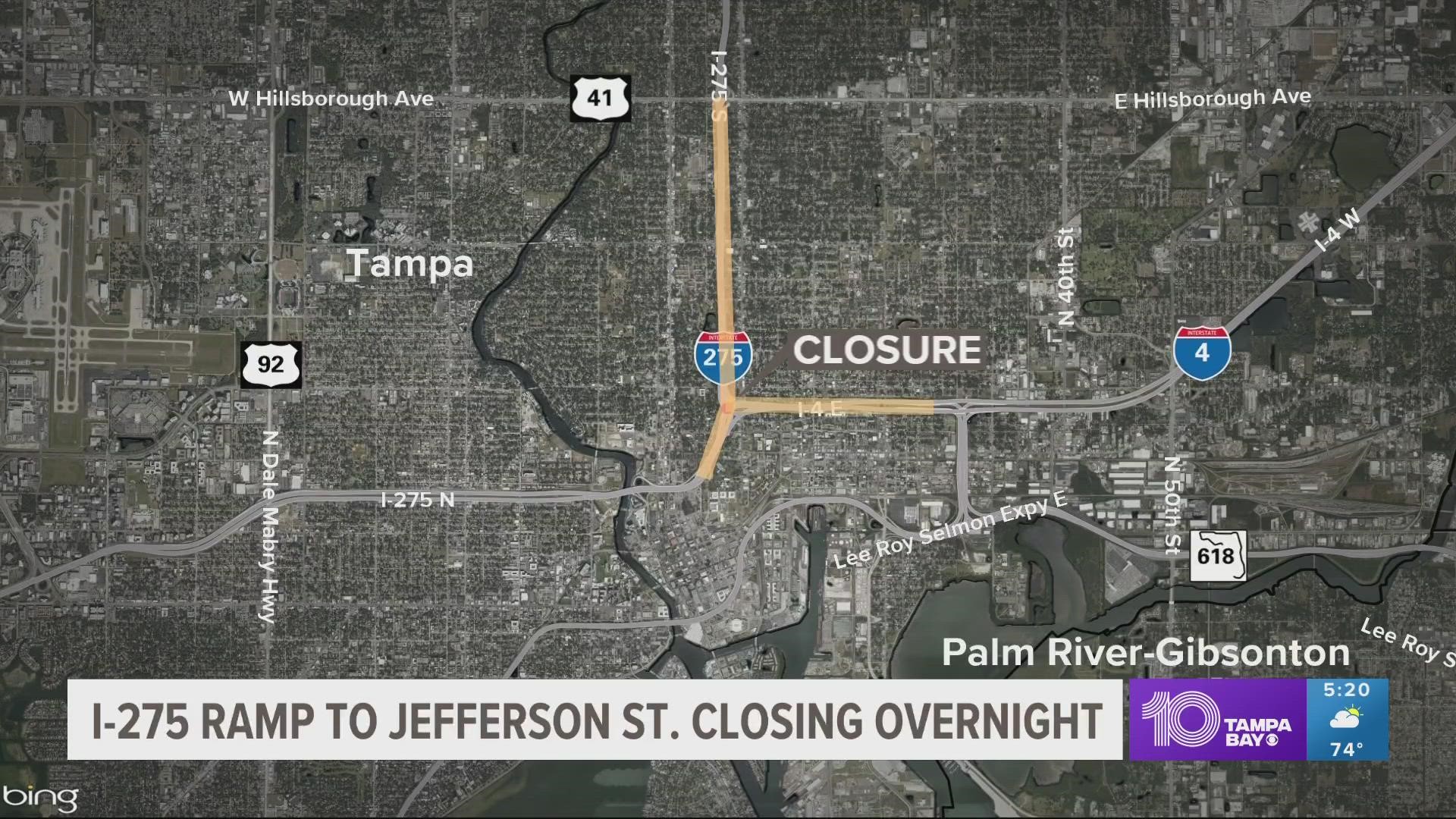 The Exit 45A ramp will be shut down between 10 p.m. and 4 a.m. from Monday, Feb. 20, through Wednesday, Feb. 22.