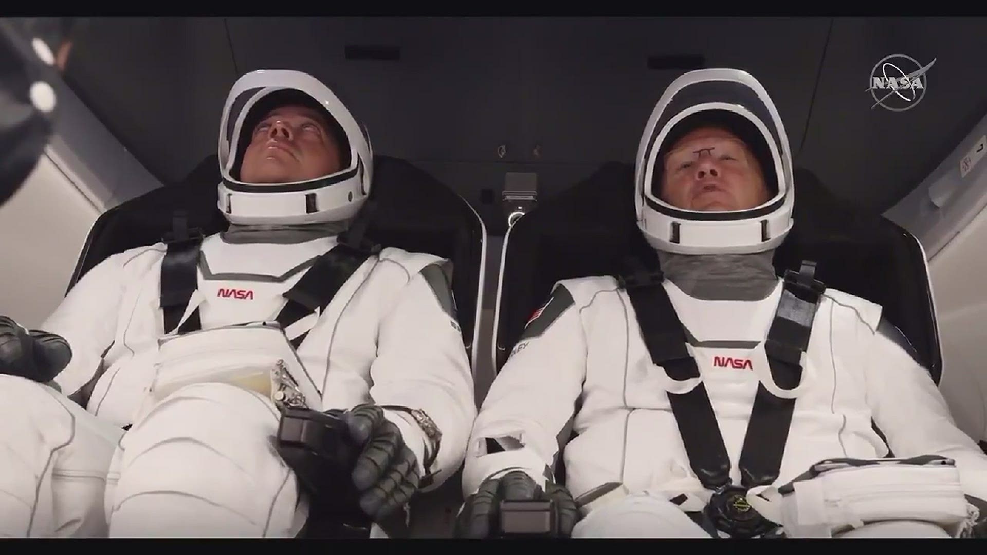 NASA: The seats in Crew Dragon are in the launch position, tilted back so that astronauts Behnken and Hurley can work with the SpaceX touch screens and controls.