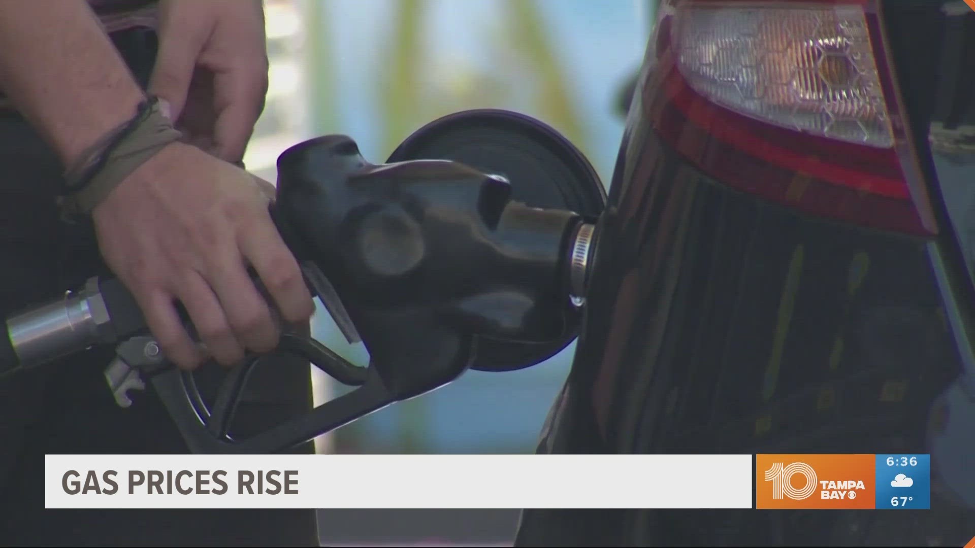 Gas prices have risen an average of 10.4 cents over the last week in the Tampa Bay area.