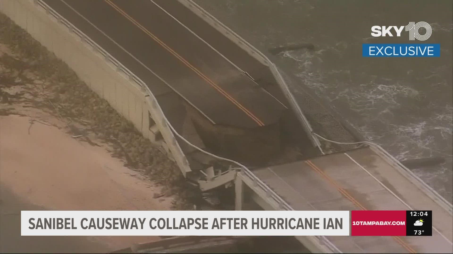 A section of the Sanibel Causeway was destroyed by Hurricane Ian. A portion of the road collapsed during the storm.