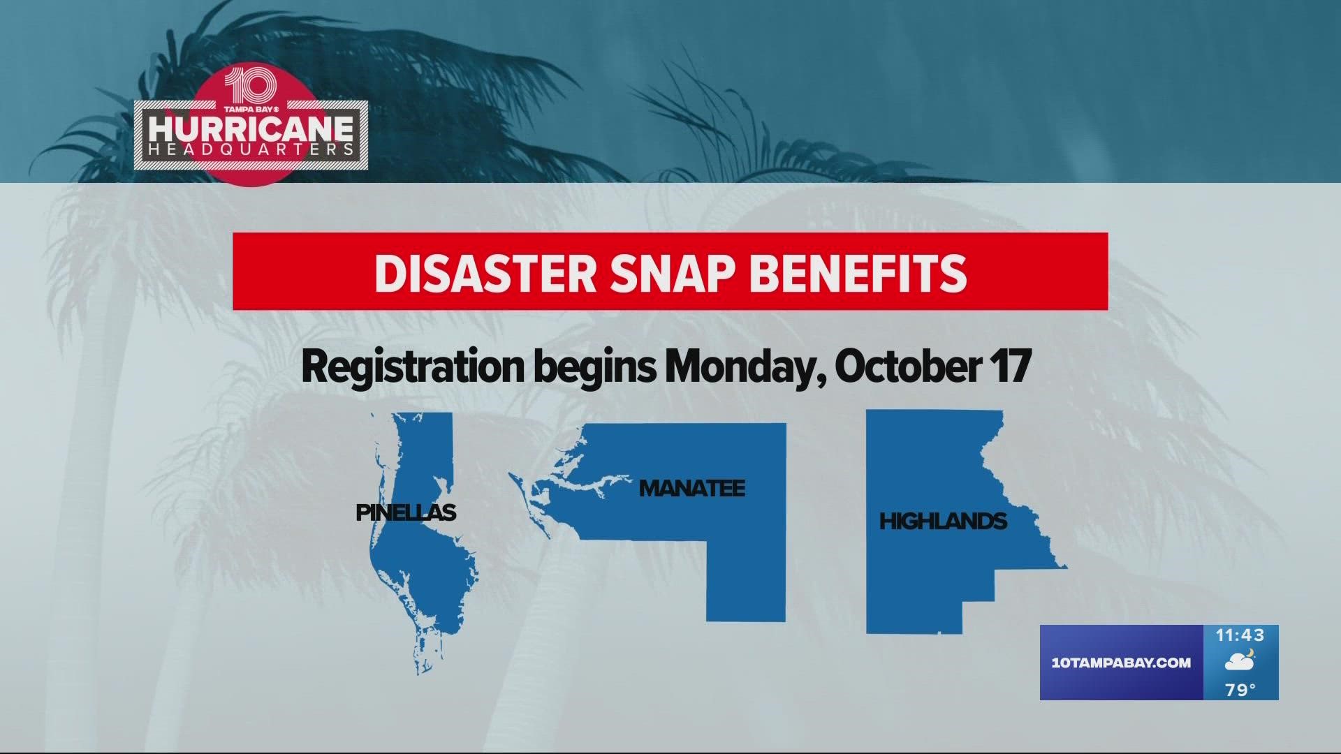 People in Flagler, Highlands, Manatee, Orange, Pinellas and St. Johns counties are eligible to receive disaster assistance.