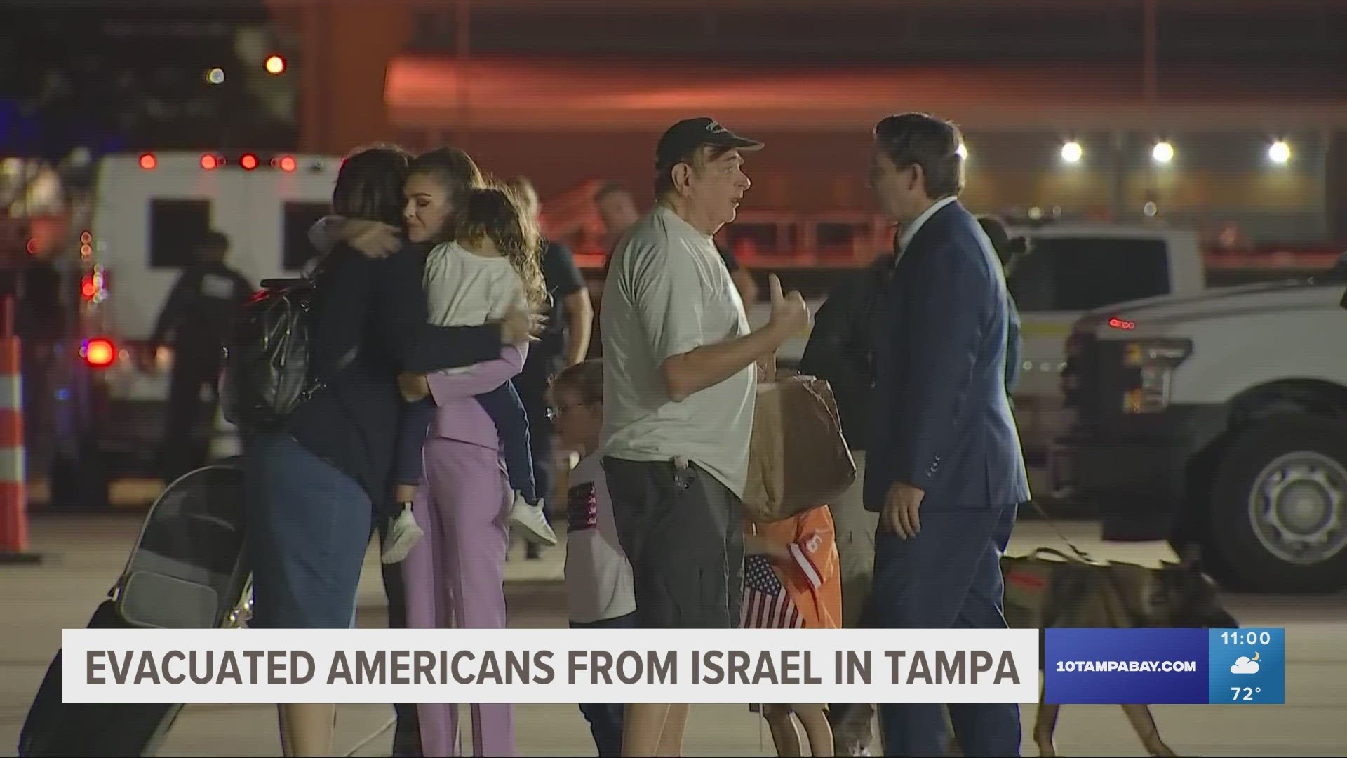 Gov. Ron DeSantis and First Lady Casey DeSantis greeted the evacuees, including Floridians, as they stepped out of the plane.