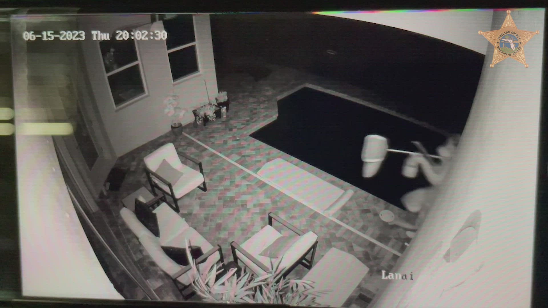 Security camera footage in the lanai shows the pool tech startled by the shots and then running away.