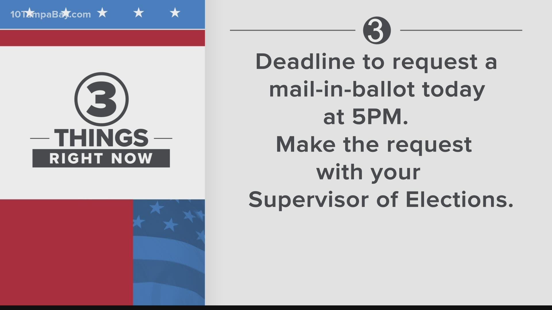 Once you have the ballot, get it in the mailbox or drop it off at your local Supervisor of Elections' office.