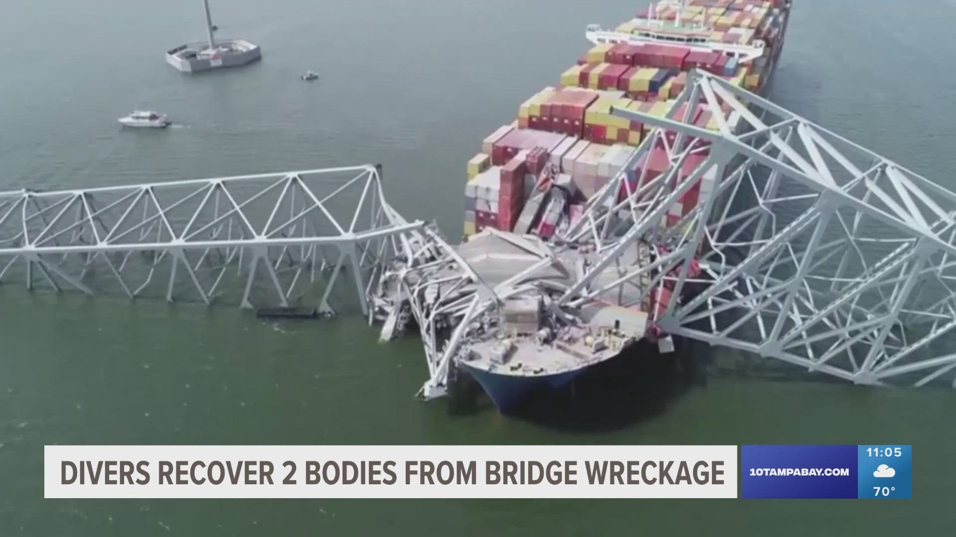 The bodies of the two men, ages 35 and 26, were located by divers inside a red pickup submerged in about 25 feet of water near the bridge’s middle span.