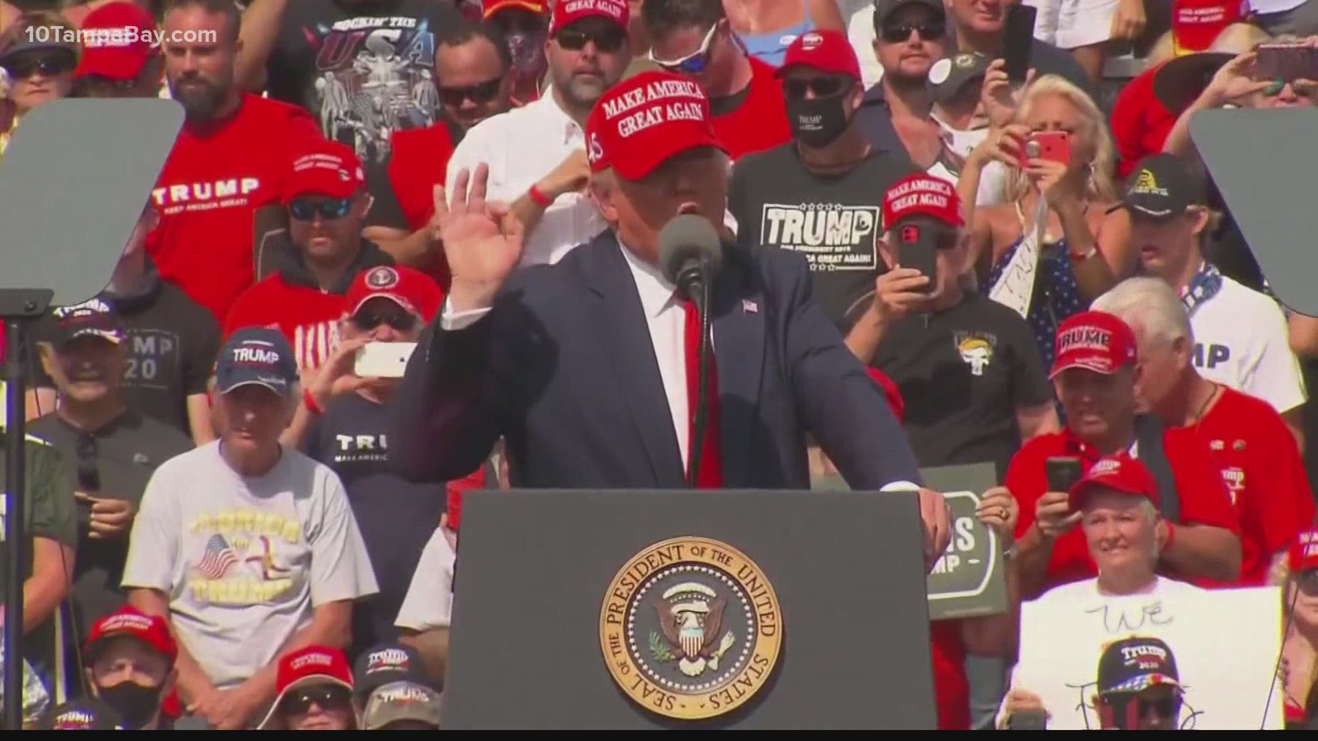 President Trump and first lady Melania spoke to a packed crowd of supporters in the north lot of Raymond James Stadium, days before the Nov. 3 election.