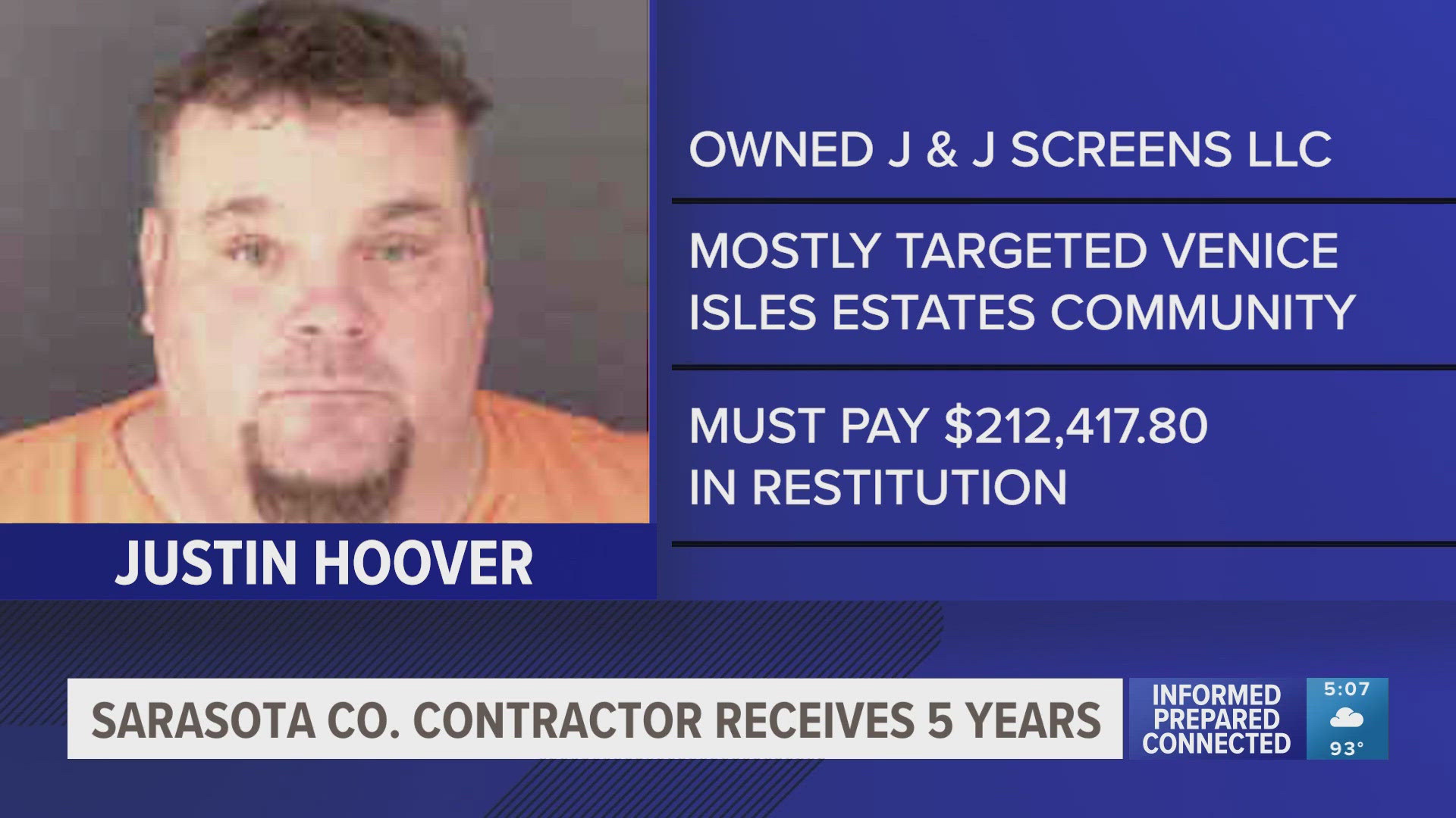 Officials say Justin Hoover of J & J Screens LLC signed contracts and collected deposits from several Sarasota County residents, mostly in the Venice Isles Estates.