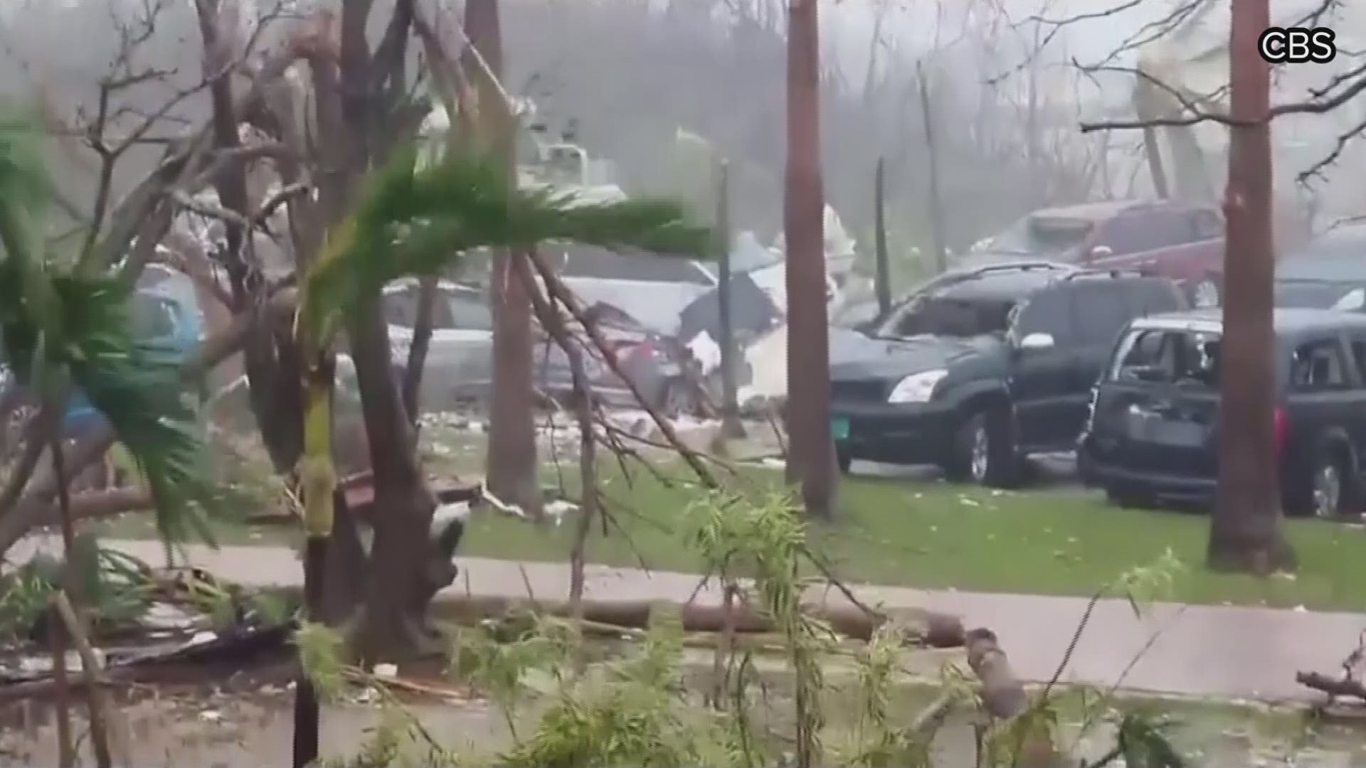 Catastrophic Hurricane Dorian keeps pounding the Bahamas early Labor Day as a Category 5 storm. It's one of the strongest Atlantic storms ever recorded in the Bahamas, leaving wrecked homes, shredded roofs, tumbled cars and toppled cars in its wake. This video shared with The Associated Press shows trees being rocked and strong winds spreading debris near a parking lot of damaged cars outside the Abaco Beach Resort.