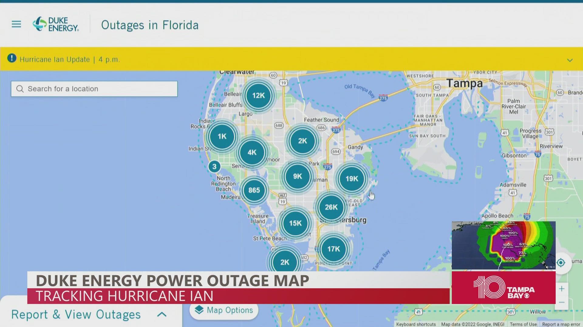Duke Energy is reporting 85,245 outages in Pinellas County. Repair and damage assessments are underway, the power company reports.