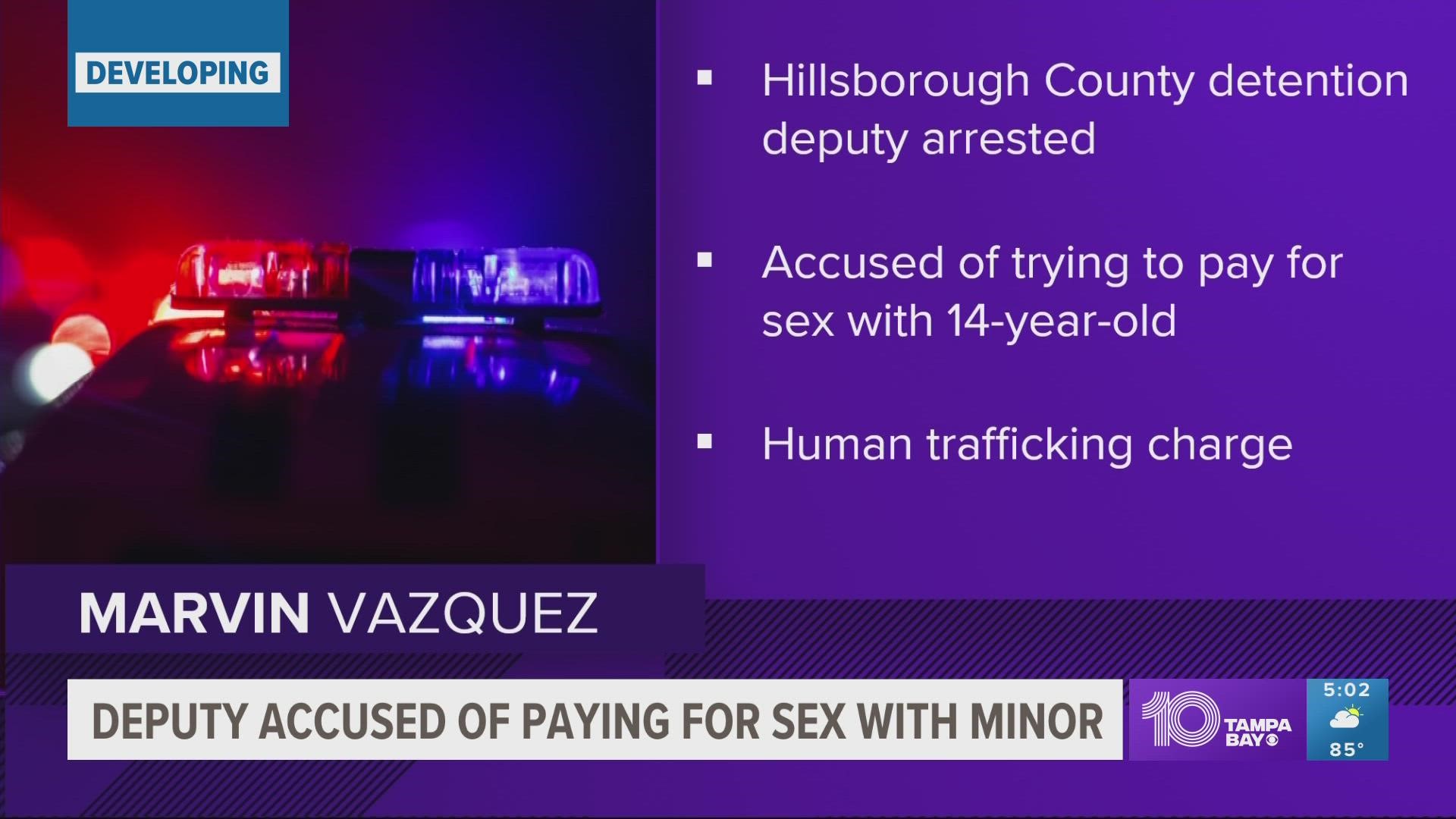 Marvin Vazquez is charged with human trafficking, the sheriff's office said.