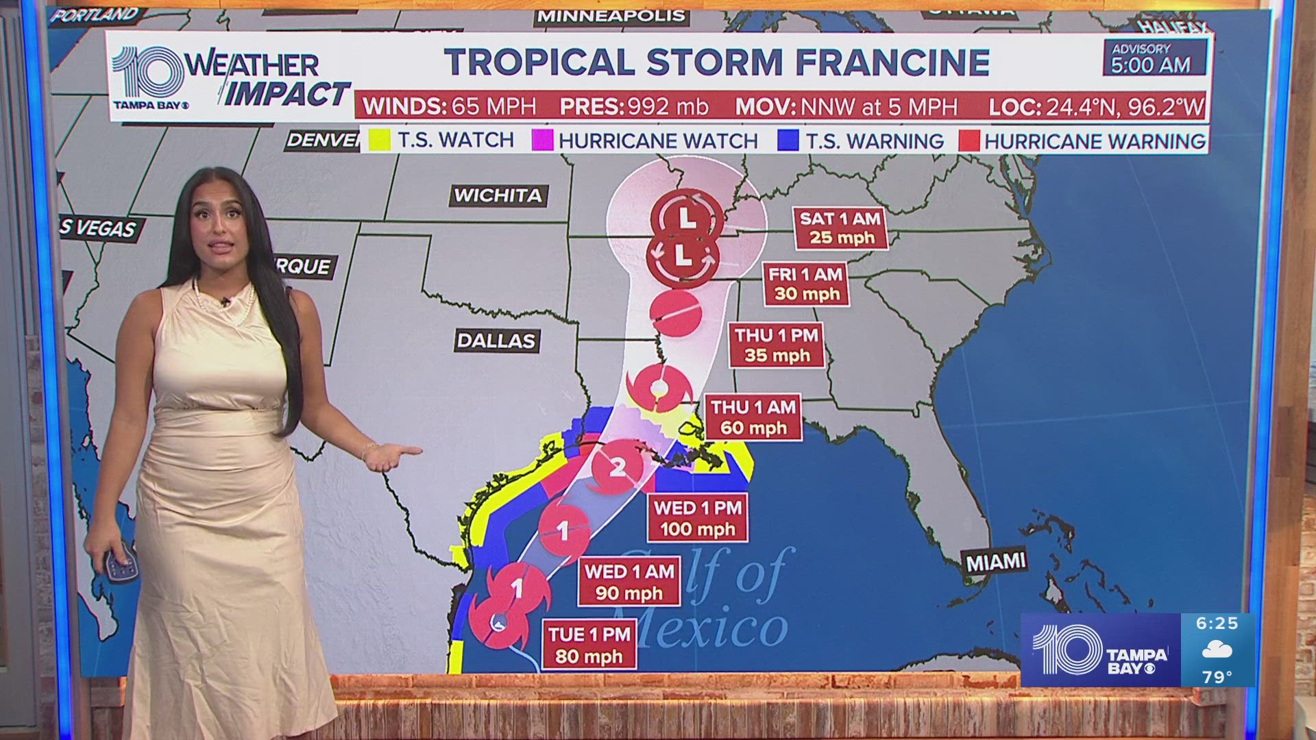 The storm will strengthen to a Category 2 before making landfall in Louisiana, according to hurricane forecasters.