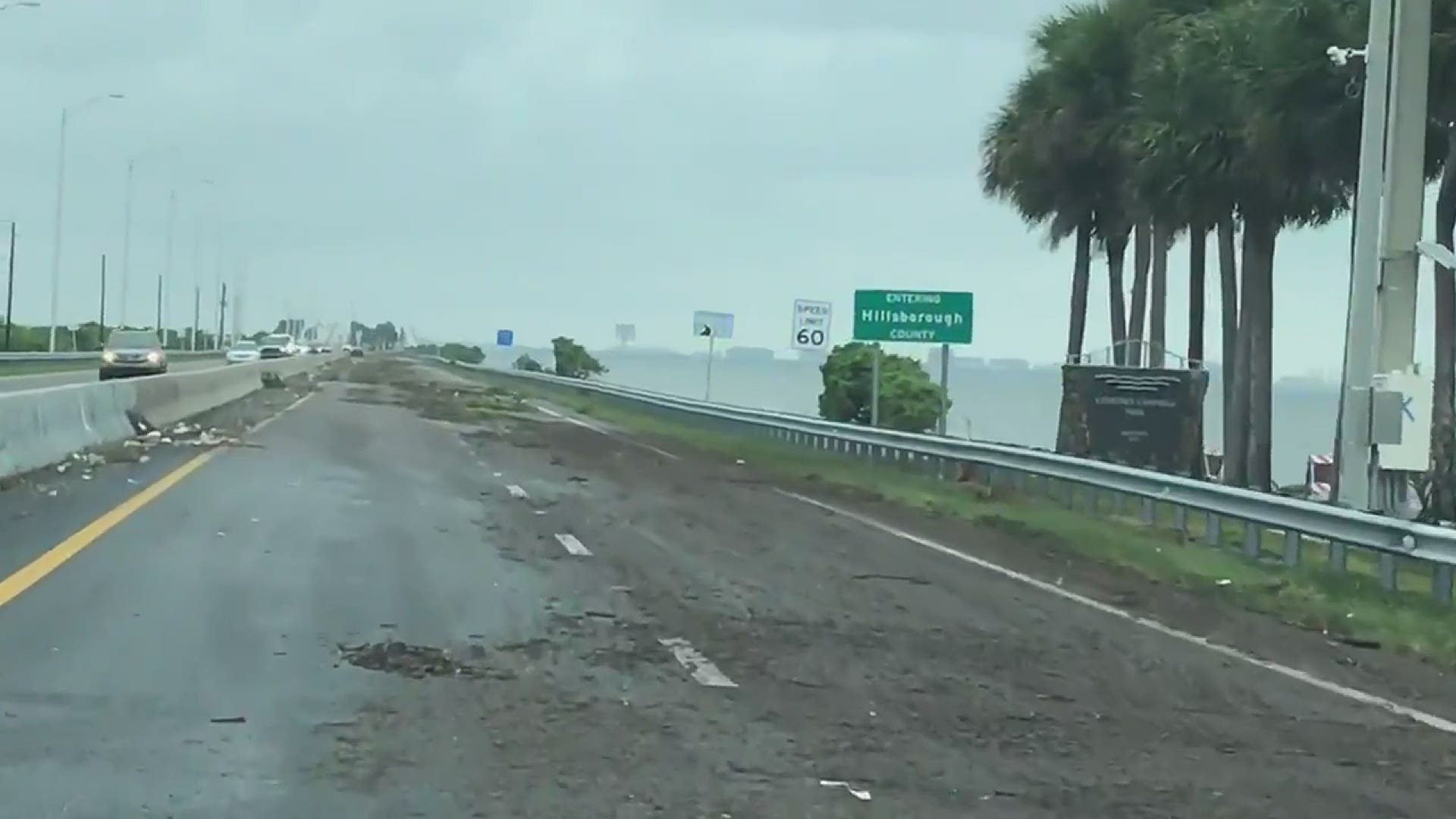 Clearwater police report debris washed ashore on the Courtney Campbell Causeway caused by Eta.
