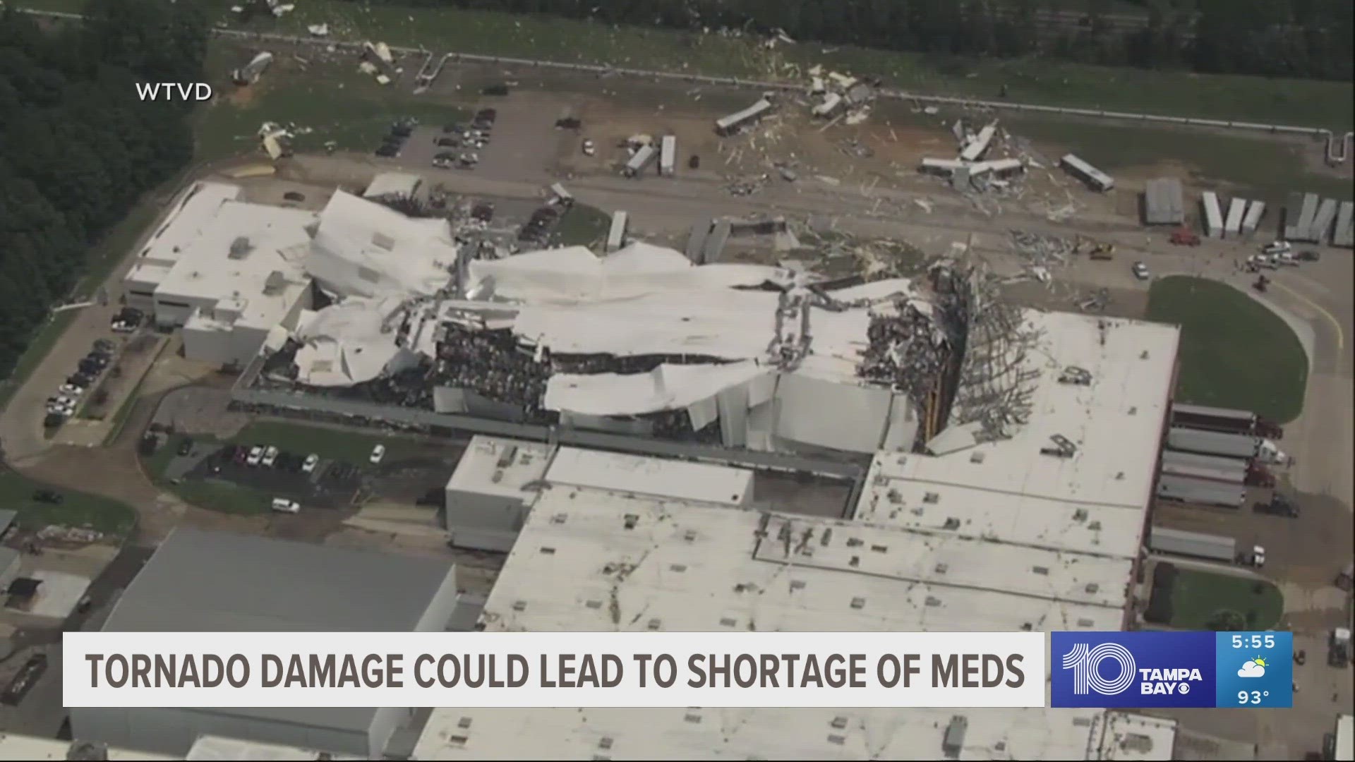 Parts of roofs were ripped open atop its massive buildings and large quantities of medicine that were stored inside were tossed about.