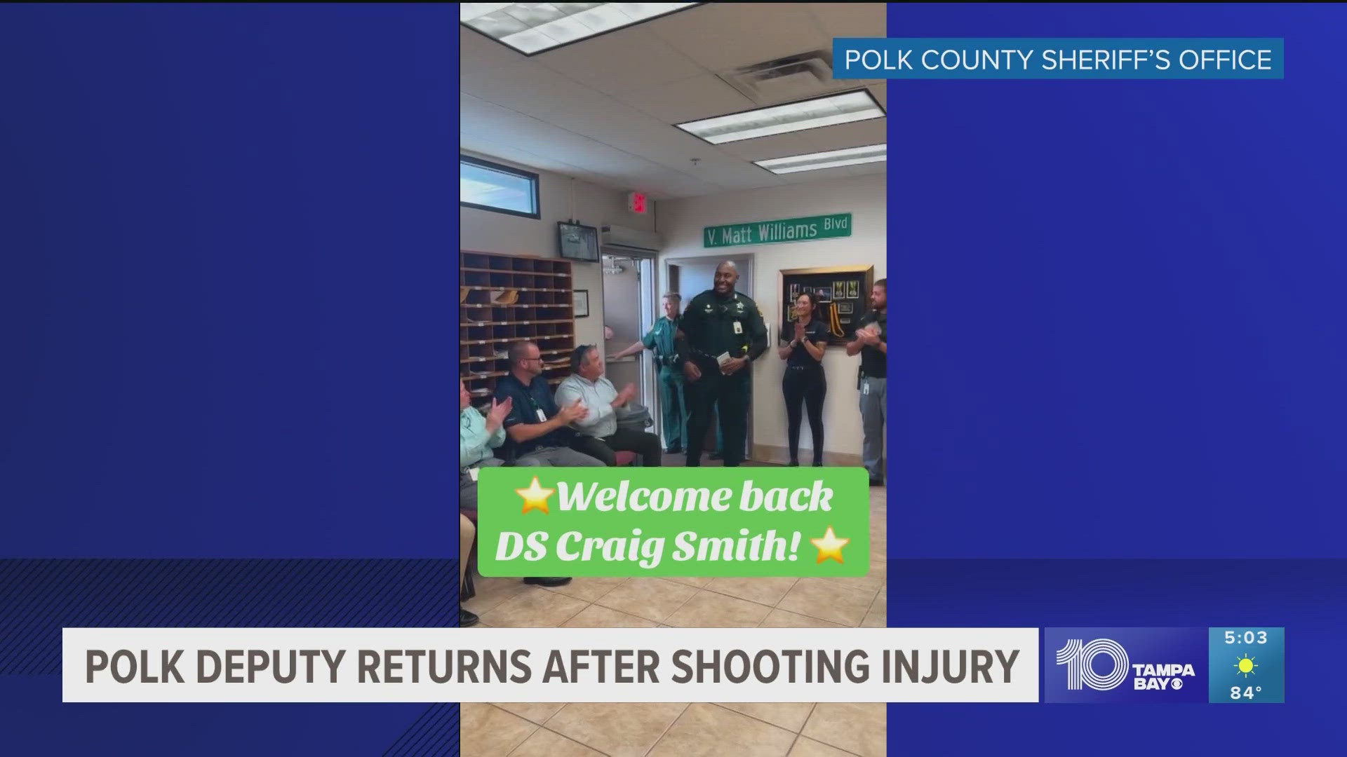 Deputy Craig Smith was welcomed back "with some prayers and a meal." Lieutenant Chad Anderson, who was shot at the same time, is still recovering.