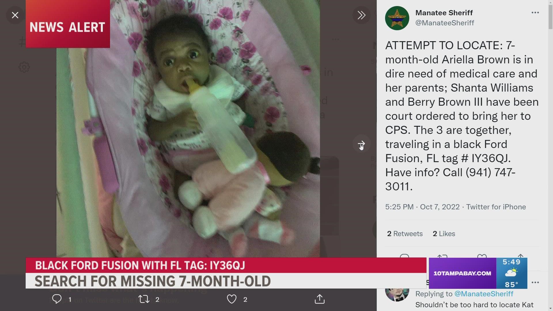 The baby is reportedly in the company of her mother and father possibly traveling between Manatee, Sarasota and Orange counties.