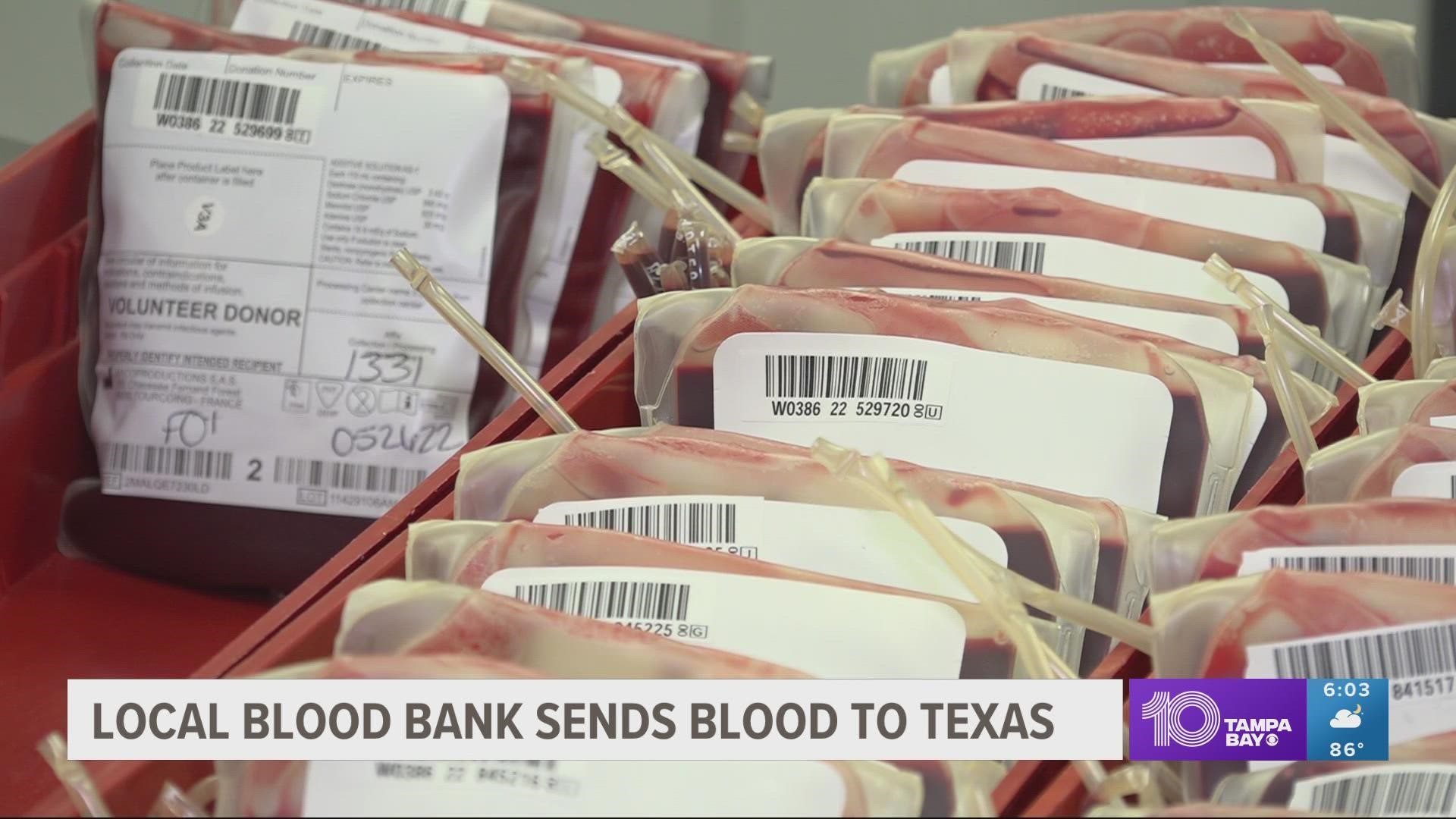 SunCoast Blood Centers dispatched about 30 units of blood to Texas.