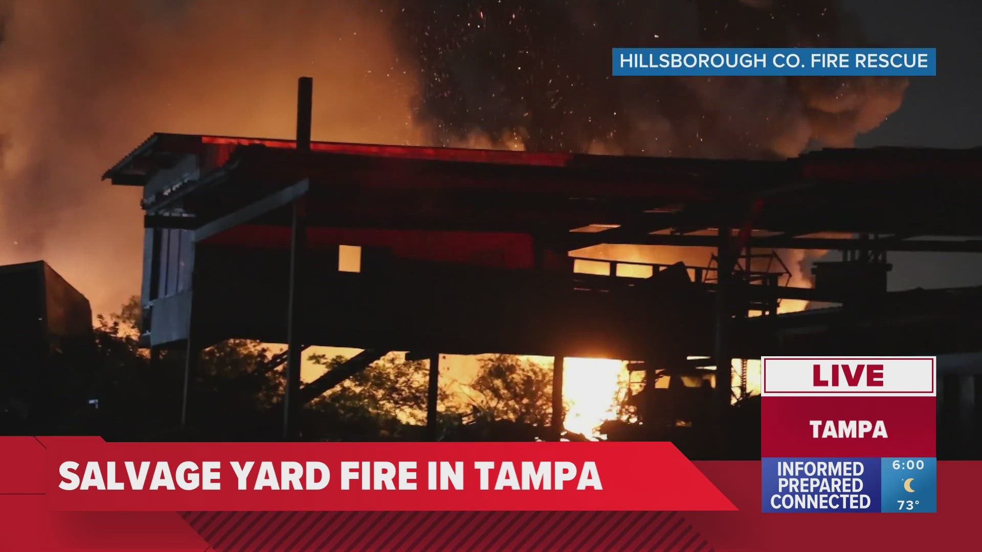 Large fire erupts in Tampa salvage yard overnight wtsp