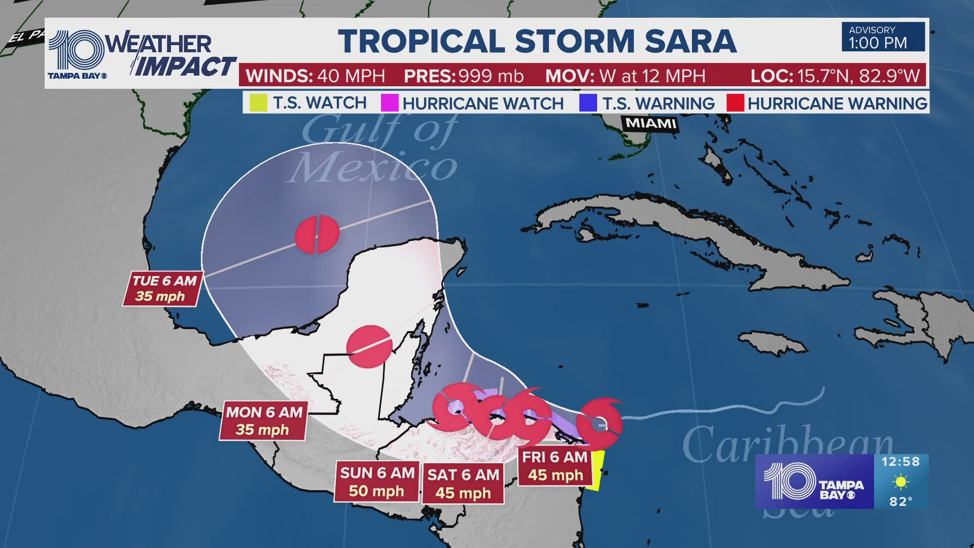 Tropical Depression Nineteen strengthens into Tropical Storm Sara, expected to bring flooding to Honduras.