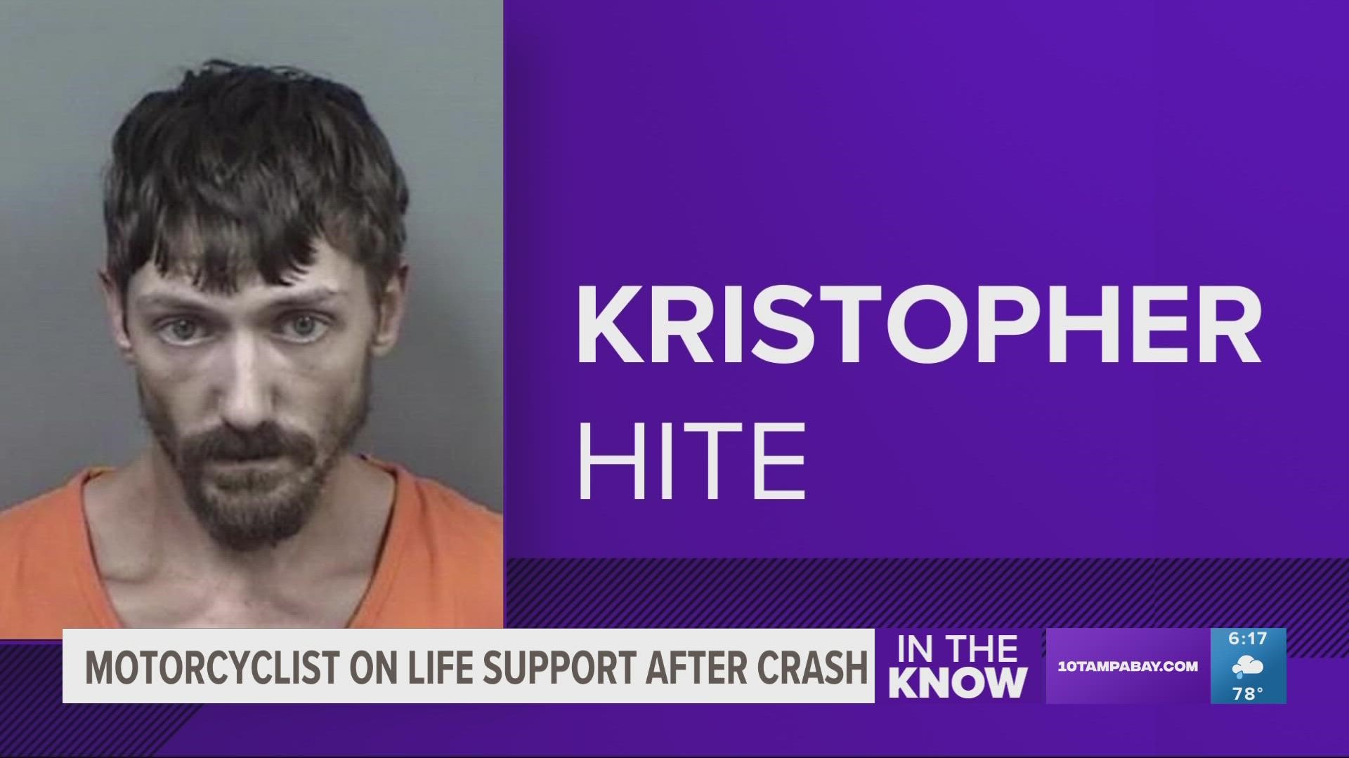 Kristopher Hite allegedly swerved into a motorcyclist, causing a violent crash, according to the sheriff's office.