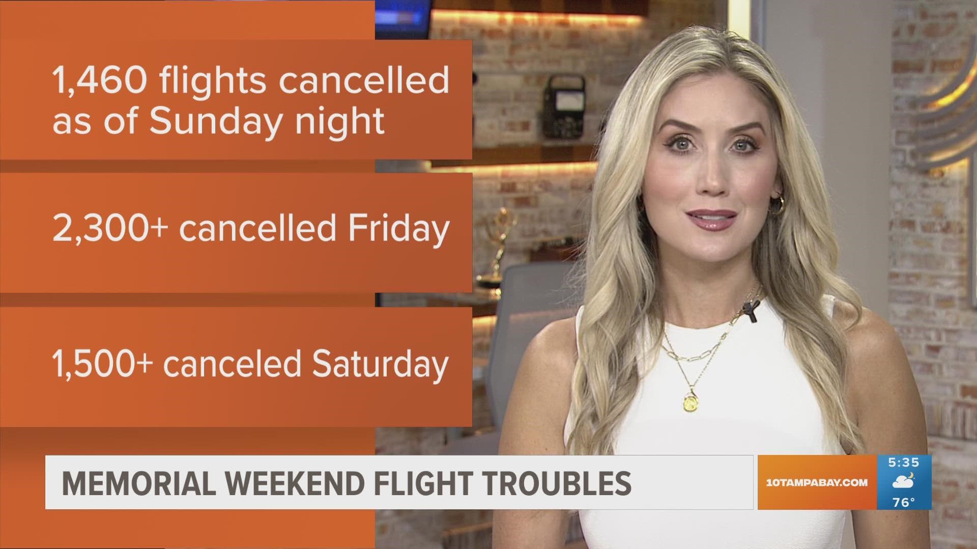 More than 1,600 flights worldwide were canceled on Sunday. That followed more than 2,300 cancellations Friday and another 1,500 on Saturday.