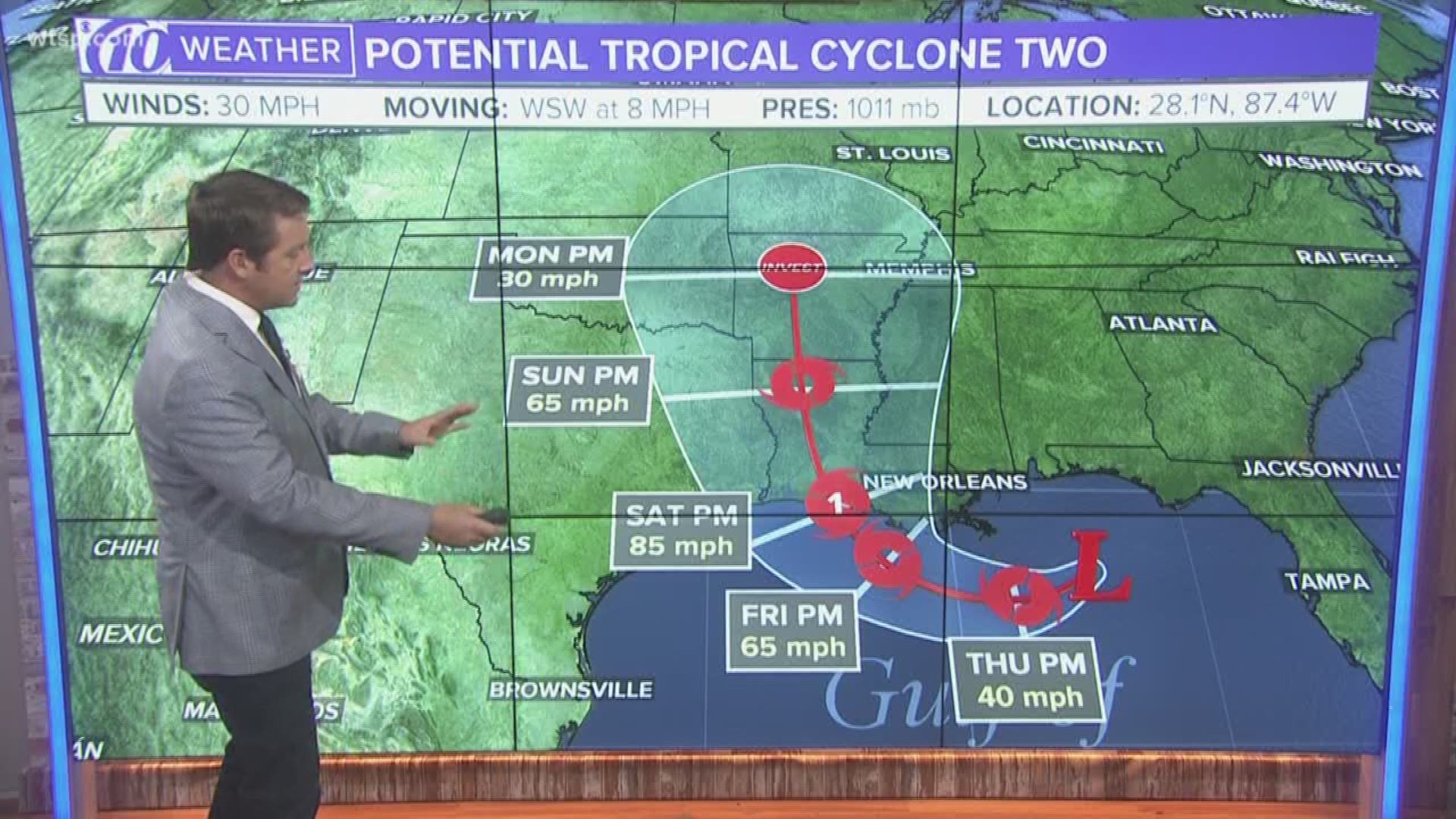 A tropical cyclone is expected to form Thursday over the northern Gulf of Mexico: Hurricane, tropical storm and storm surge watches are already being issued ahead of anticipated heavy rainfall.

As of 5 p.m. ET Wednesday, the weather system was located about 125 miles east-southeast of the mouth of the Mississippi River. Maximum sustained winds are being clocked at 30 mph.