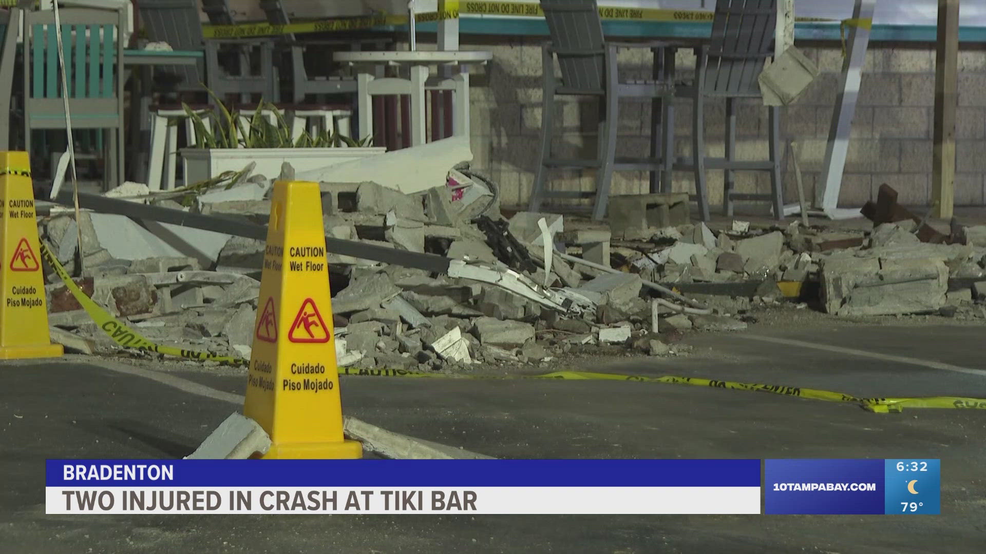 Two people are injured and several cars are damaged after a driver lost control of their vehicle and drove into the walls of a tiki bar at a Manatee County hotel.