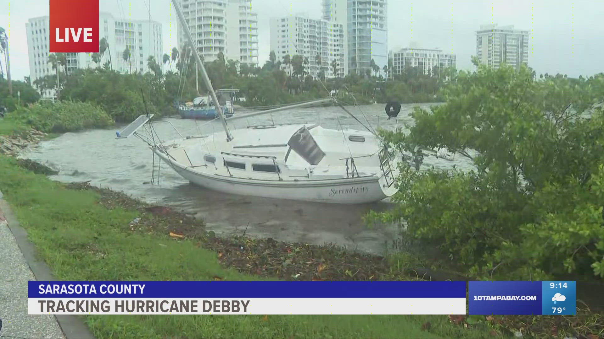 Sarasota County faces floods, closed roads and damaged boats as Hurricane Debby passes through.