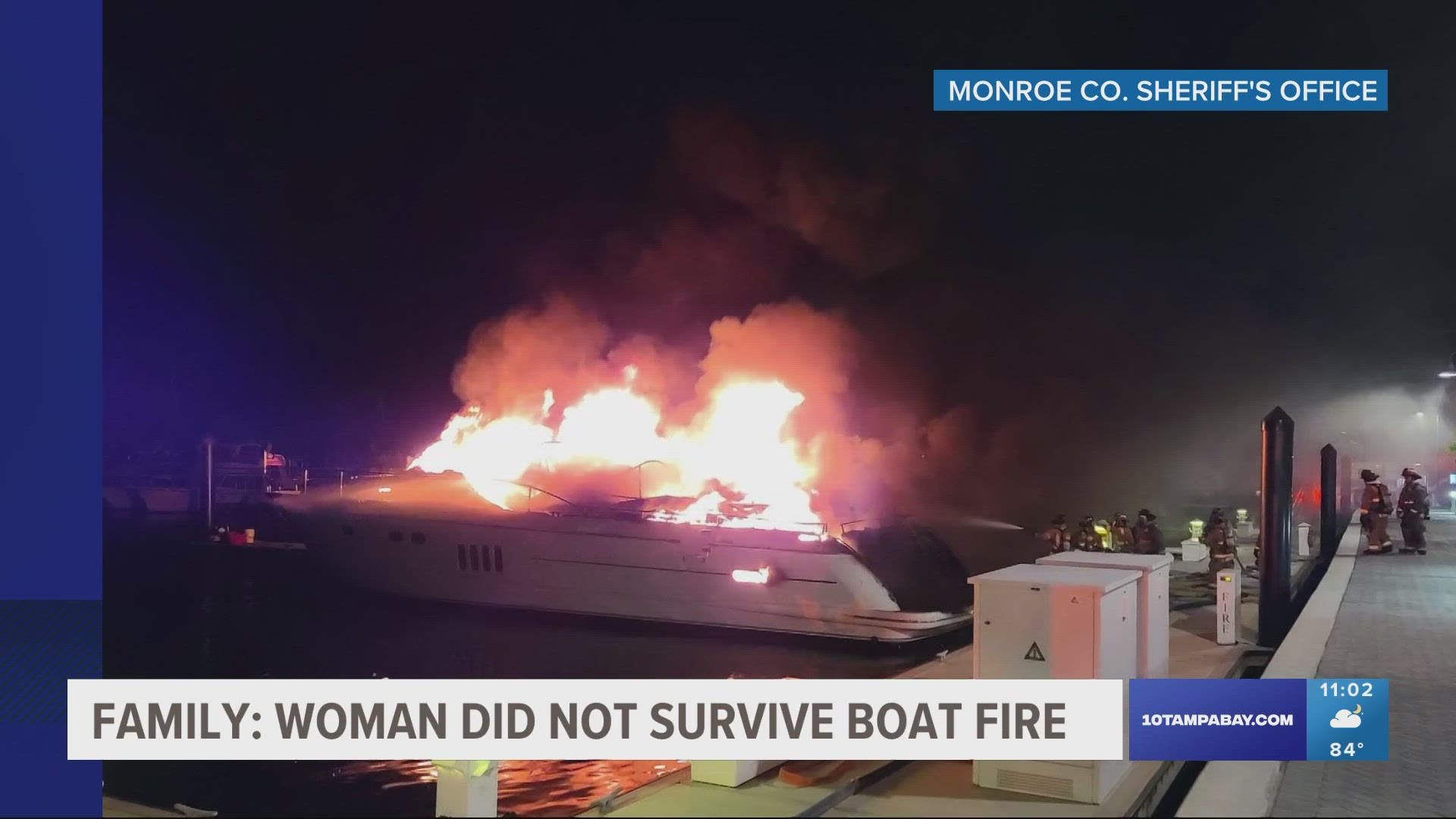 The woman was on board a 70-foot Viking yacht with two men, ages 58 and 21, when the fire began, deputies said.
