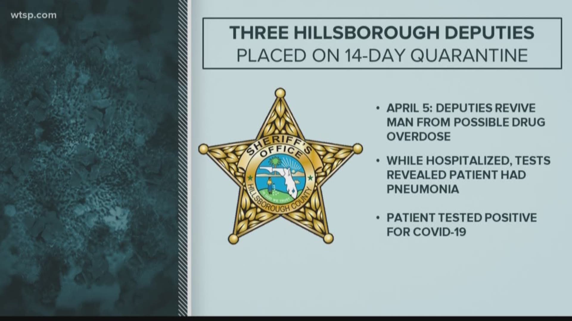 Three Hillsborough County Sheriff's Office deputies are on a 14-day quarantine after being exposed to someone with COVID-19 coronavirus.