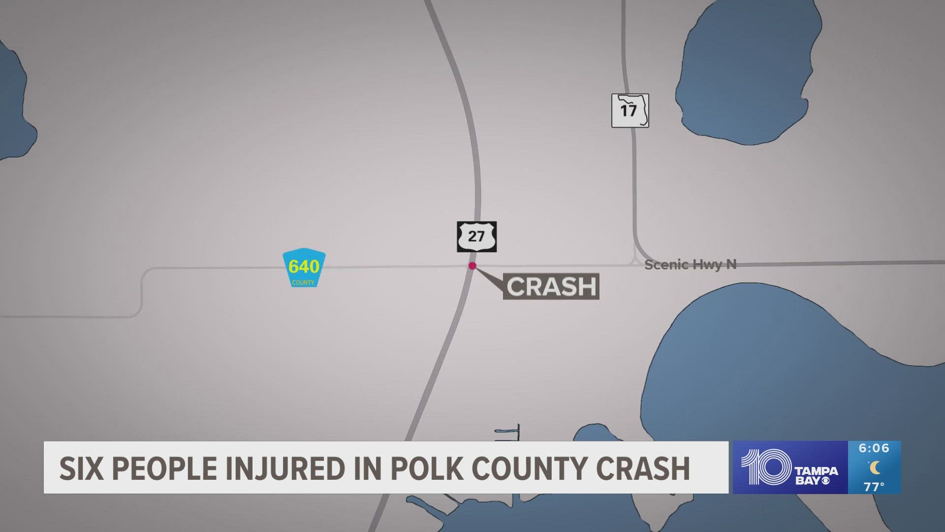 Six people were sent to the hospital after a serious crash involving at least two cars near U.S. Highway 27 in Frostproof.