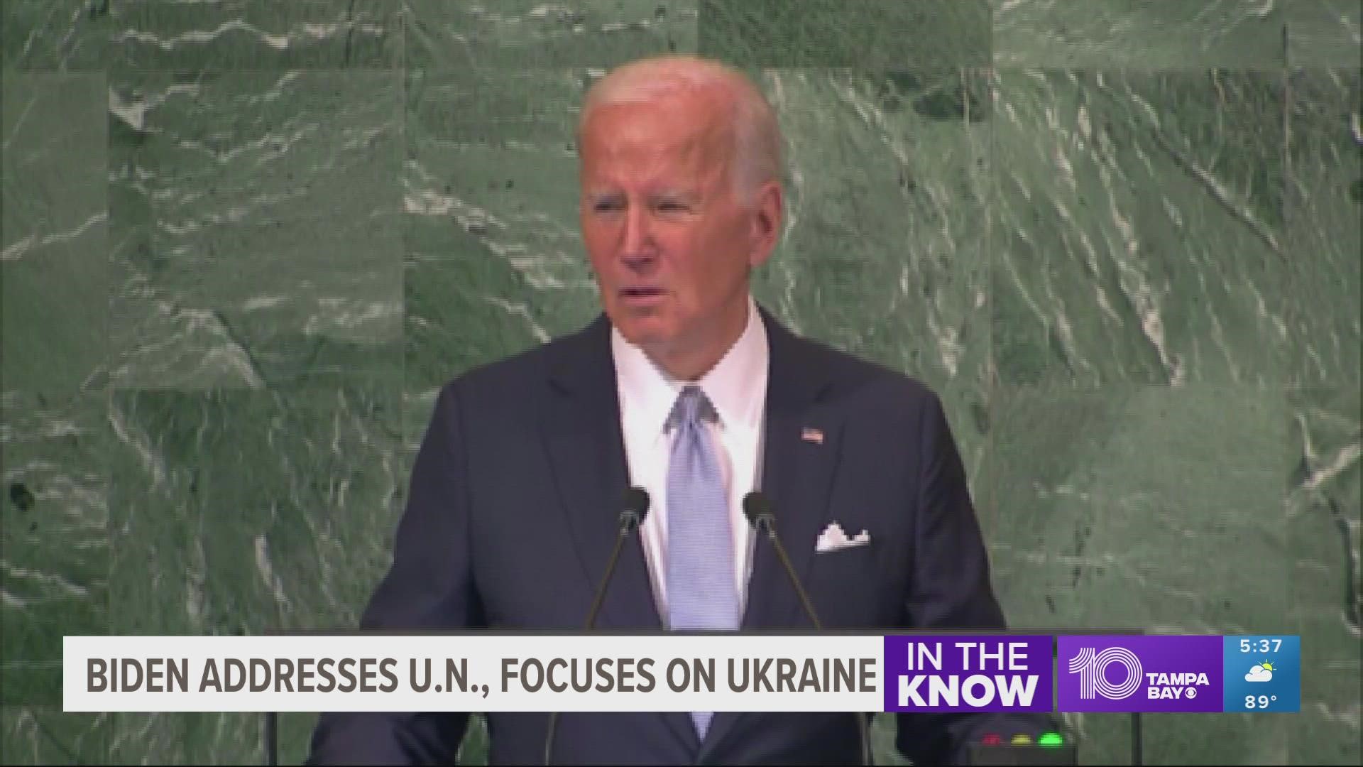Biden called on all nations to speak out against Russia's “brutal, needless war” and to bolster Ukraine's effort to defend itself.