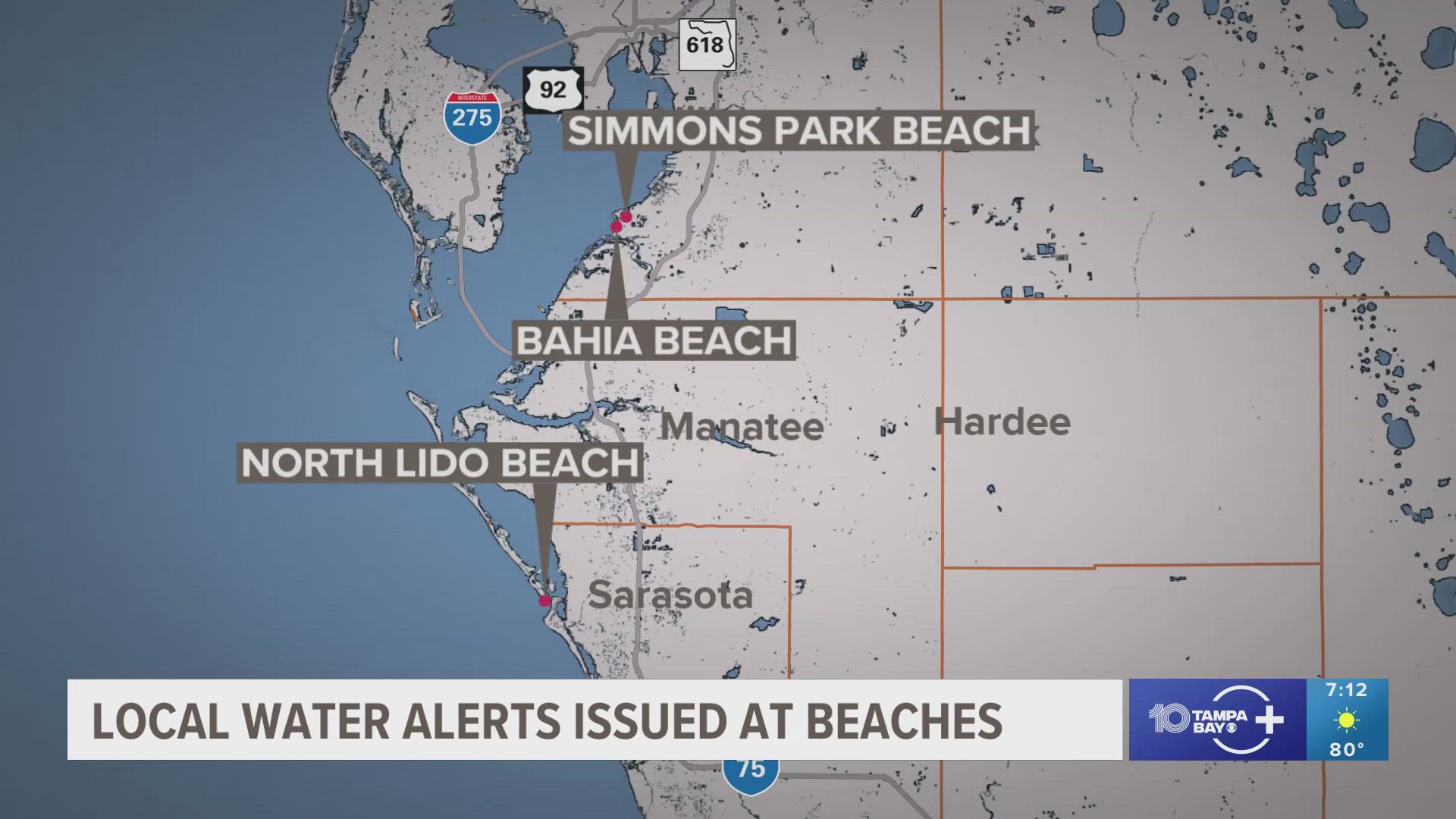The Department of Health says to stay out of the water at Simmons Park Beach, Bahia Beach and North Lido Beach due to high levels of bacteria related to sewage.