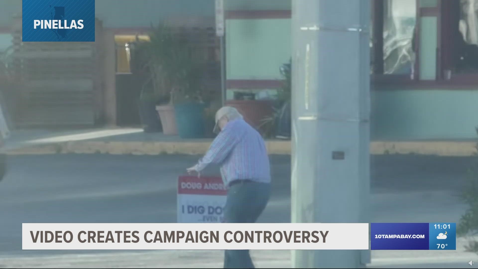 A video shared with 10 Tampa Bay shows a man taking a Doug Andrews sign and walking away with it. Andrews says that man supports his opponent.