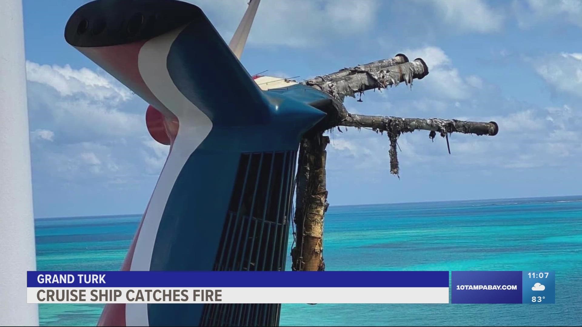The Carnival Cruise Line says the fire started in the ship's funnel.