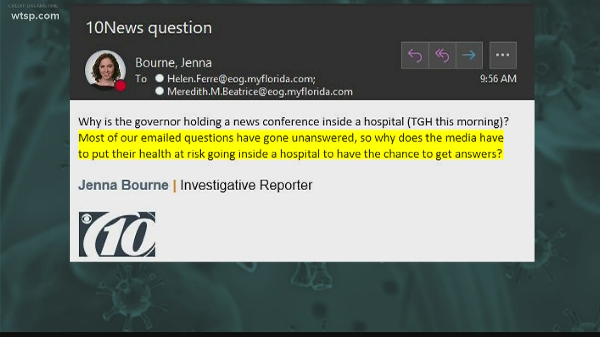 10 Tampa Bay reporter Jenna Bourne wanted to find out why the news conference was held in a place that could put people at risk.