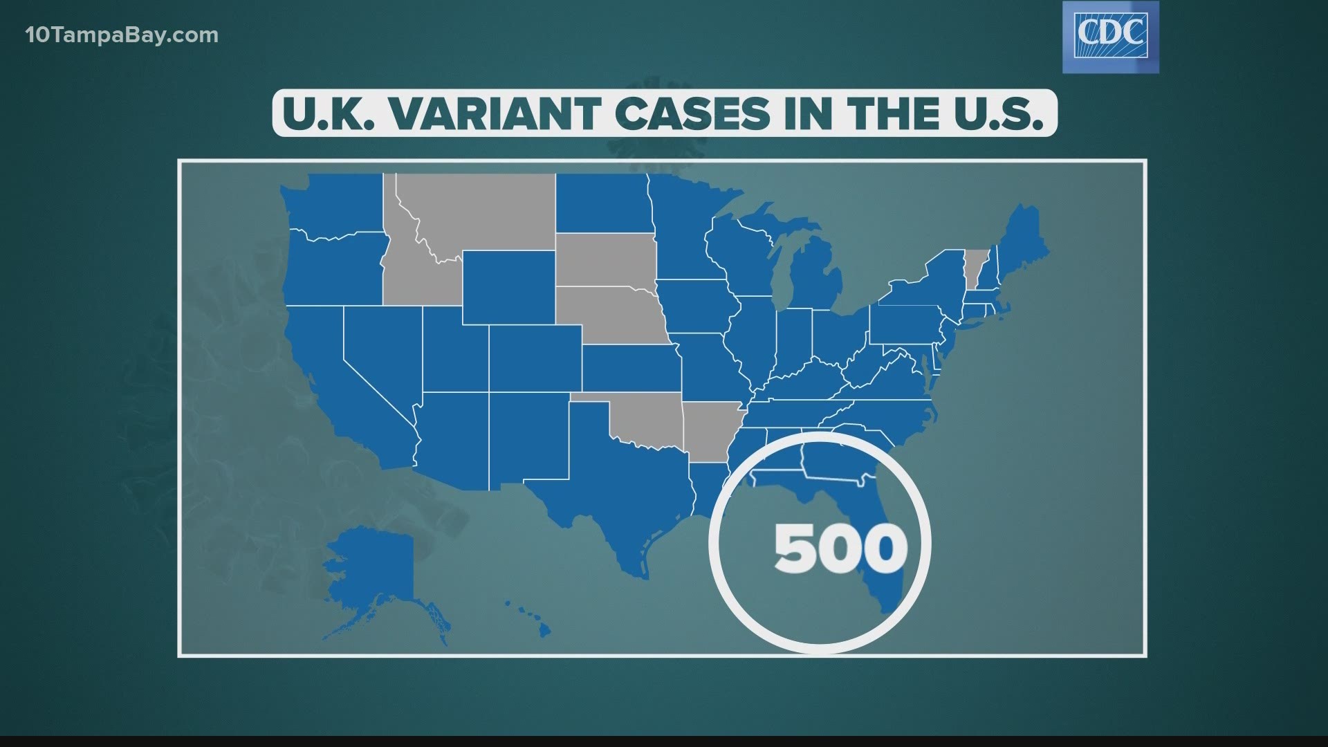 Florida continues to be the top state in the country for U.K. variant cases. The state also has one case of the variant out of Brazil.