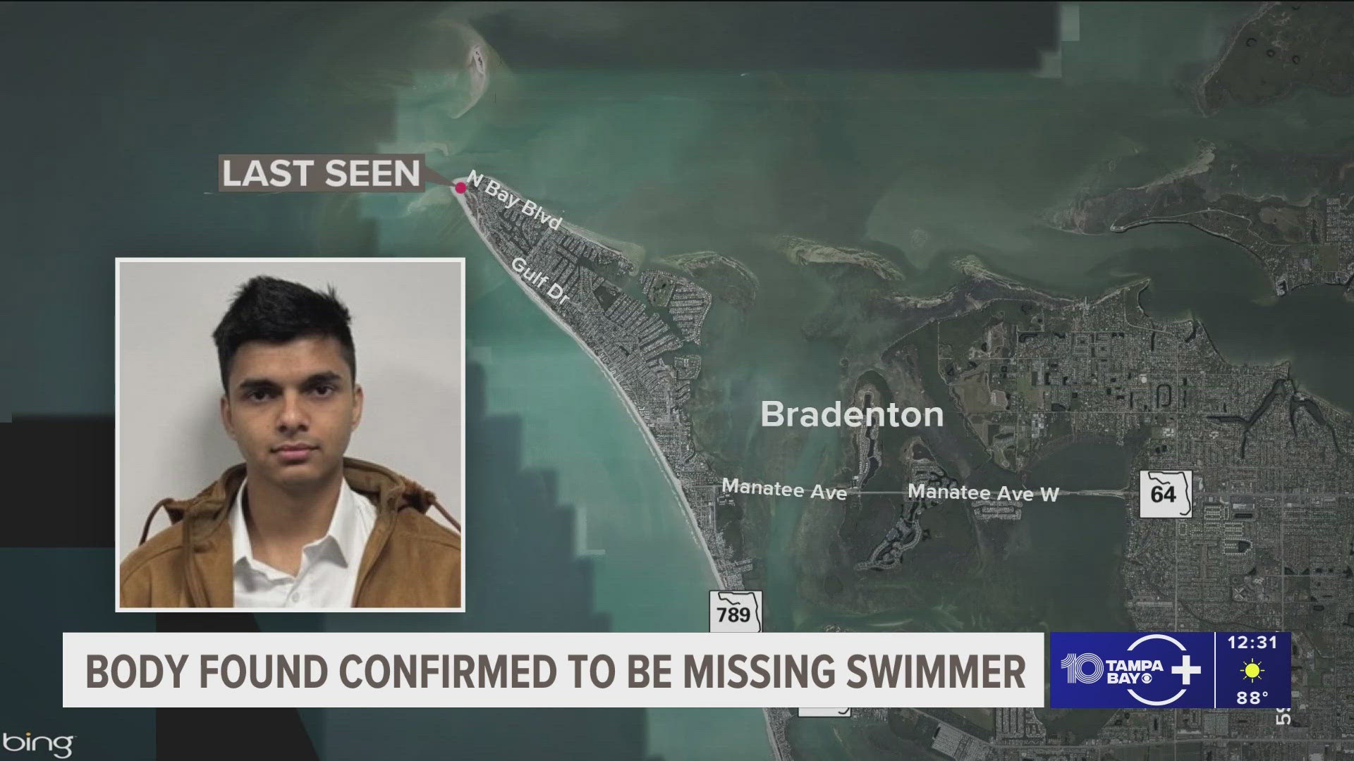 Manatee County Sheriff's deputies confirm the body they found in the water Monday is the missing swimmer who was swept away by the tide over the weekend.