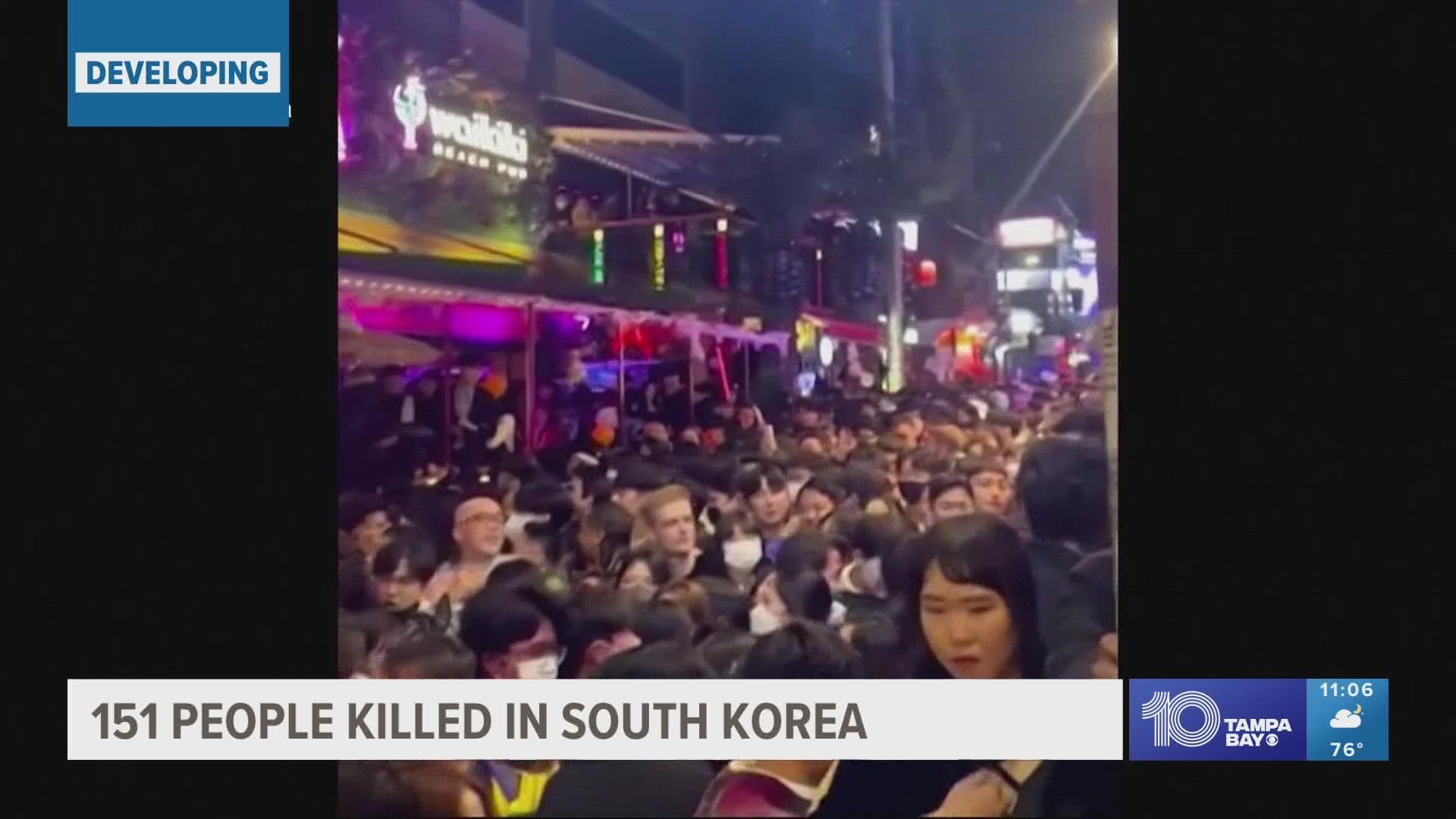 Police said the victims were crushed by a large crowd pushing through a narrow street during Halloween festivities.