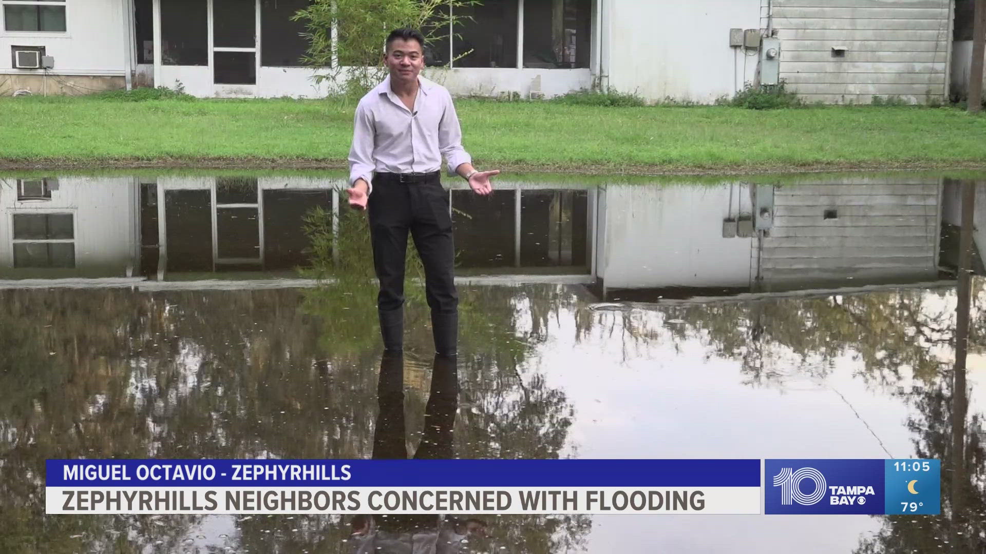 Jamie Riekens, who lives in Zephyrhills, says a large pool of water has been outside his home since Hurricane Debby left last month.