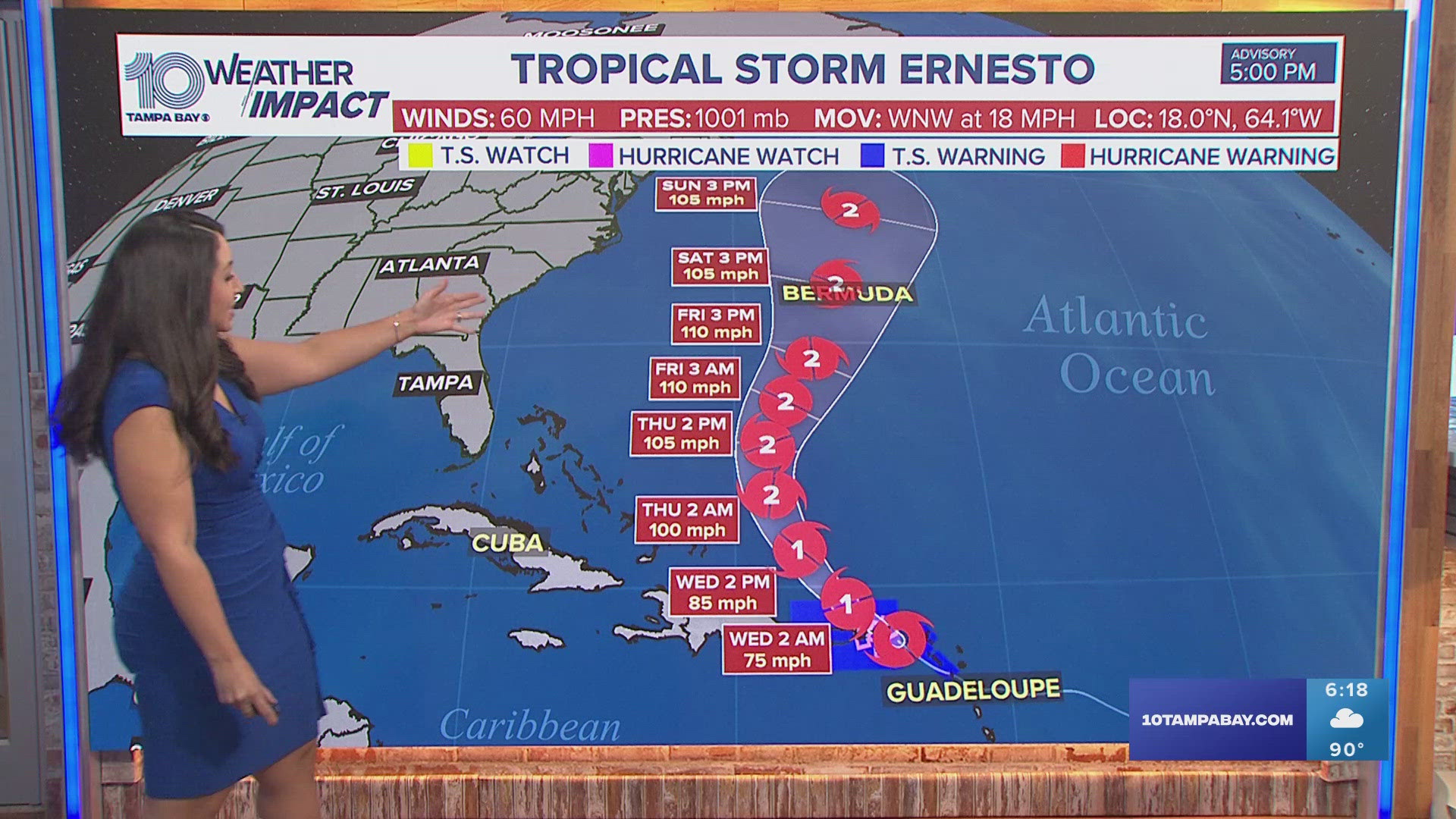 Ernesto is expected to become a hurricane late Tuesday as the center of the storm moves just northeast of Puerto Rico on a path toward Bermuda.