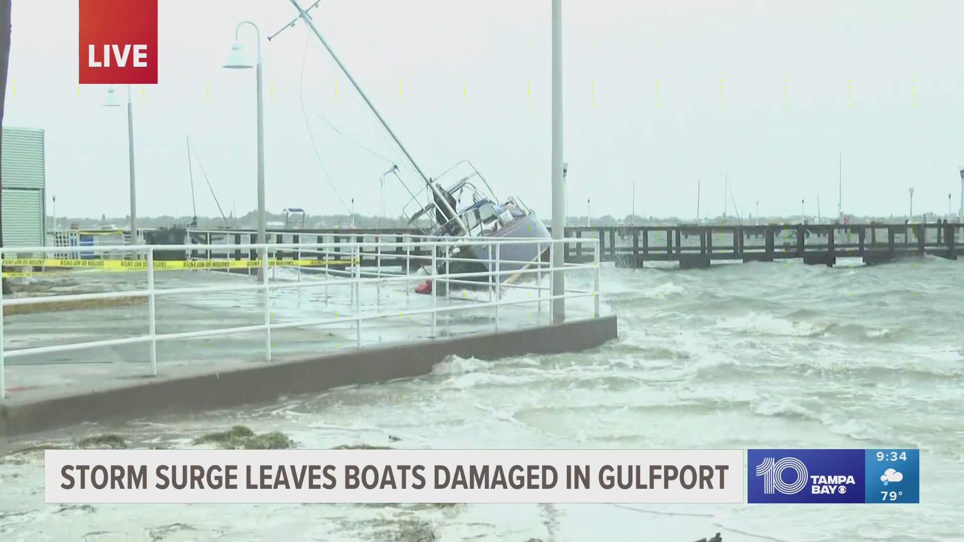 The high water levels have washed the boats up onto the sand as winds and rain continues.